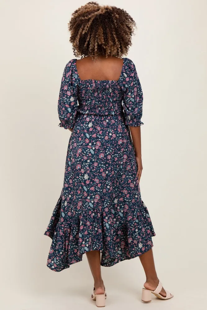 Navy Floral Smocked Handkerchief Hem Maternity Maxi Dress sold by Pinkblush product image thumbnail 3