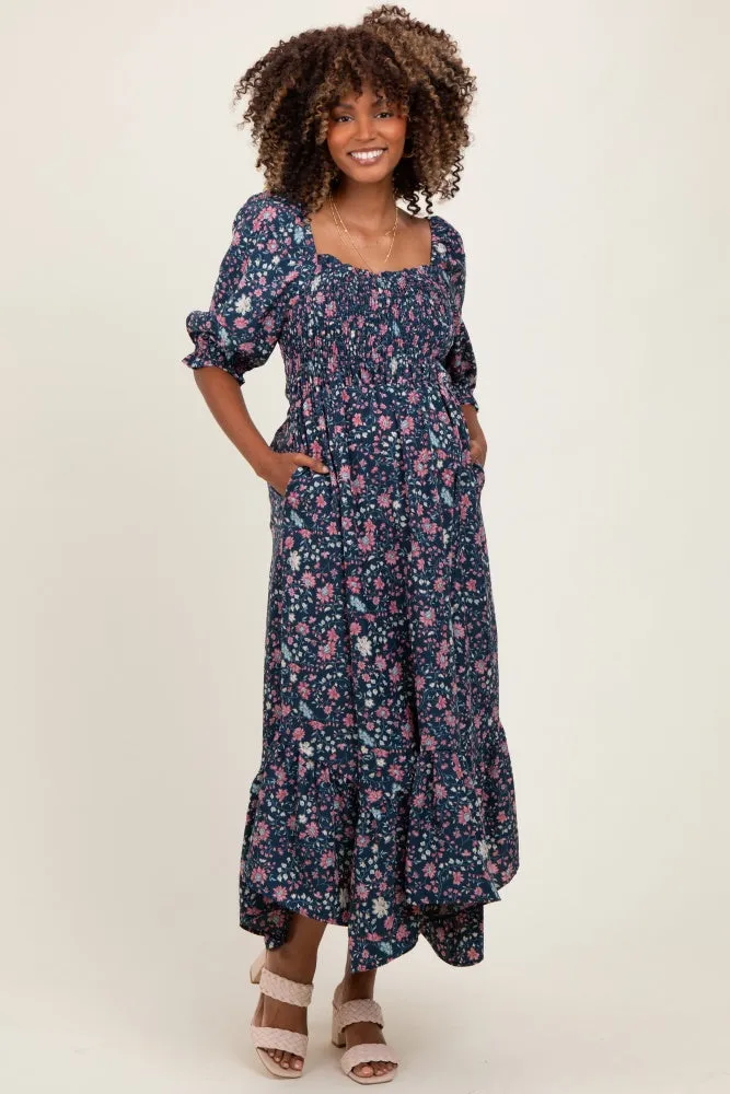 Navy Floral Smocked Handkerchief Hem Maternity Maxi Dress sold by Pinkblush
