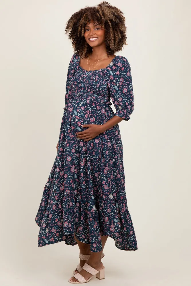 Navy Floral Smocked Handkerchief Hem Maternity Maxi Dress sold by Pinkblush product image thumbnail 2