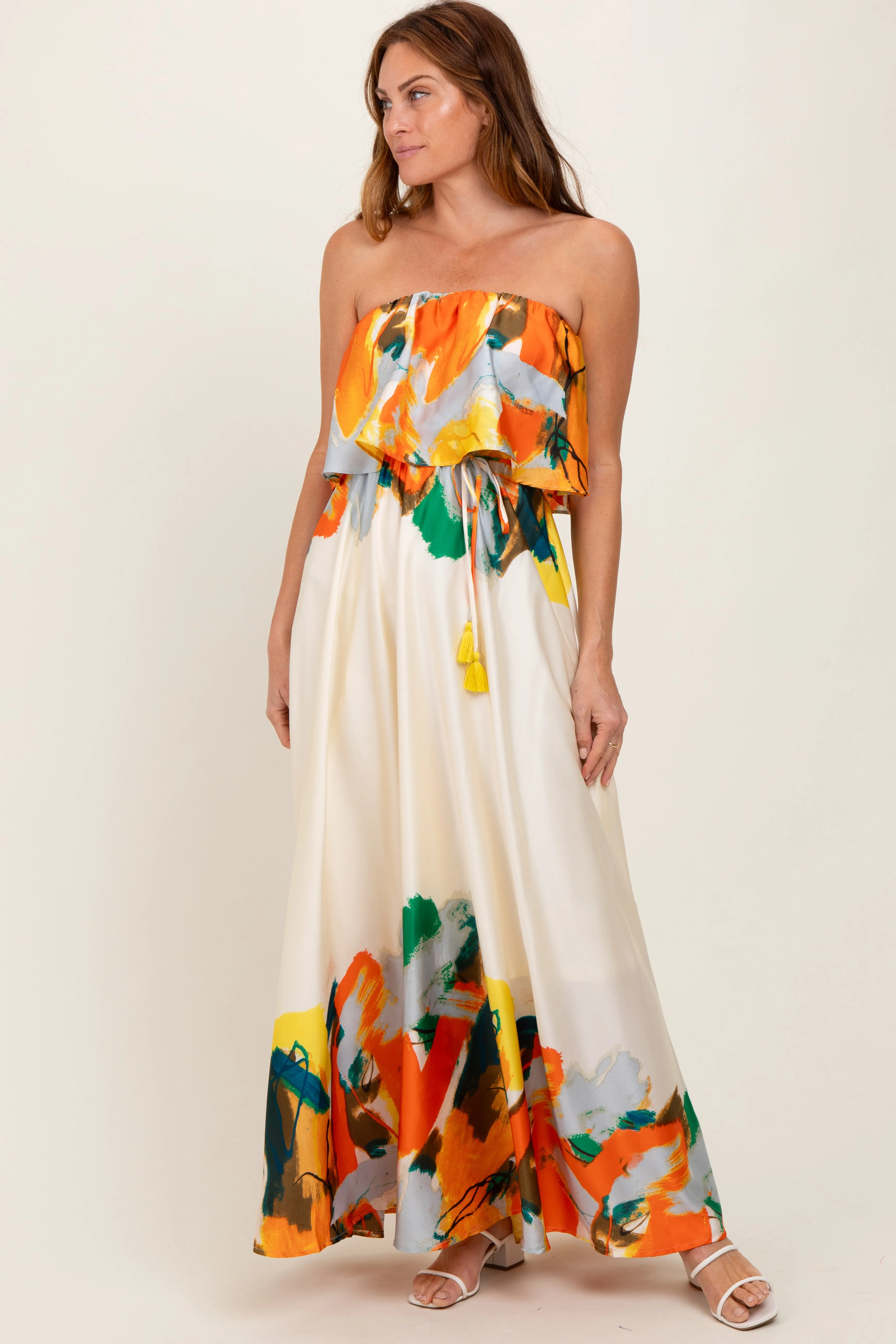 Orange Abstrast Print Strapless Flounce Maxi Dress sold by Pinkblush