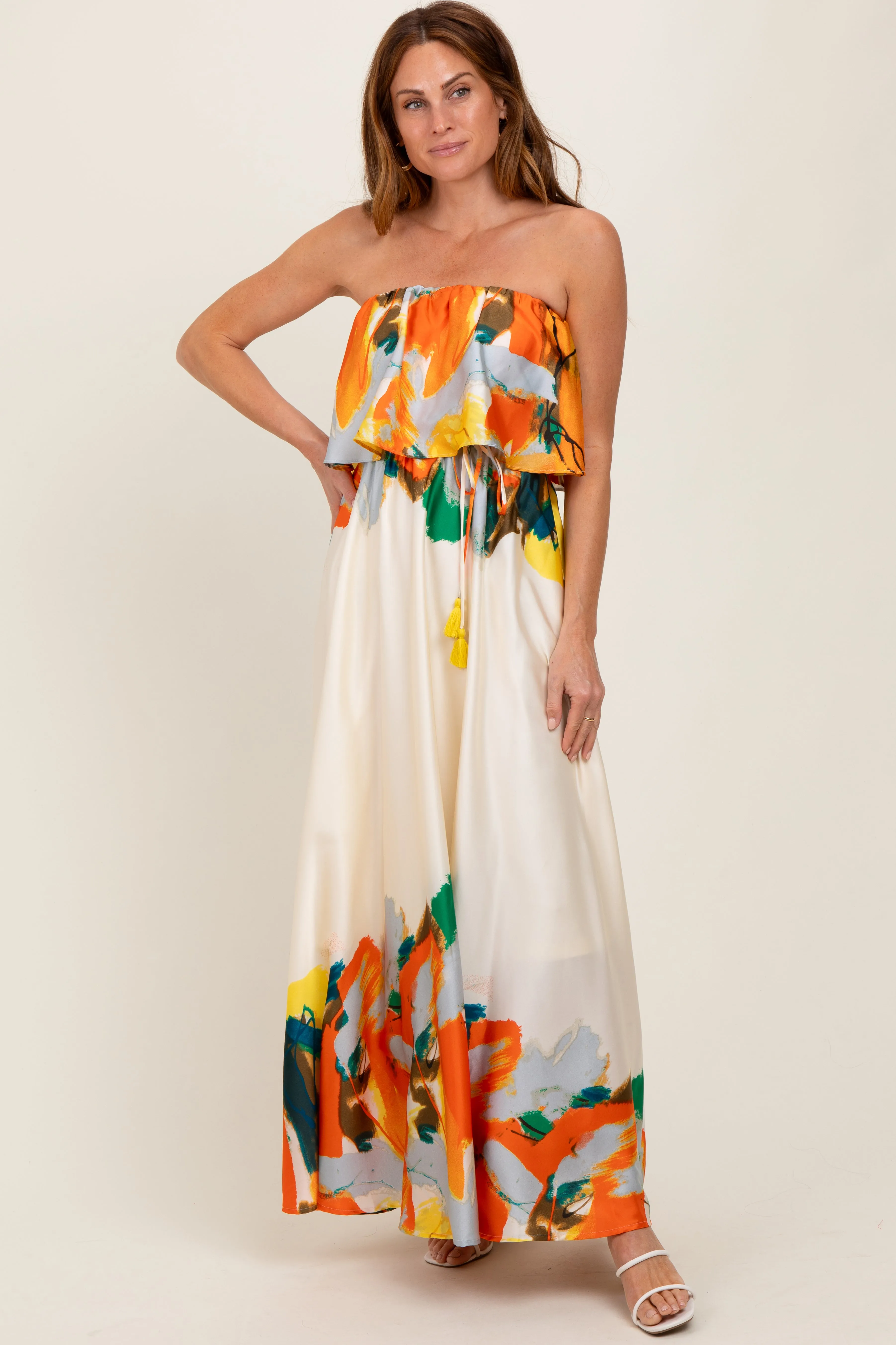 Orange Abstrast Print Strapless Flounce Maxi Dress sold by Pinkblush product image thumbnail 2