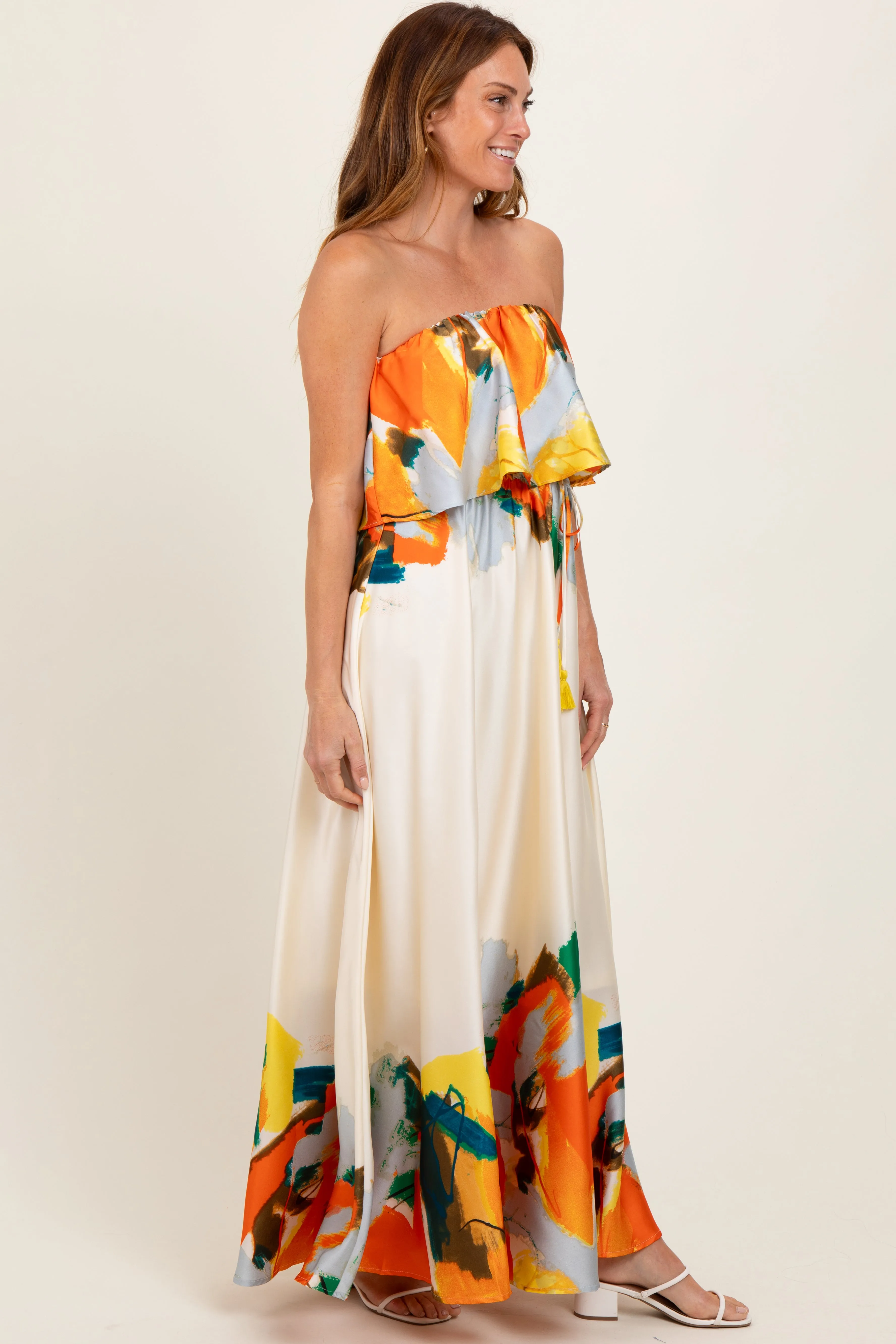 Orange Abstrast Print Strapless Flounce Maxi Dress sold by Pinkblush product image thumbnail 3