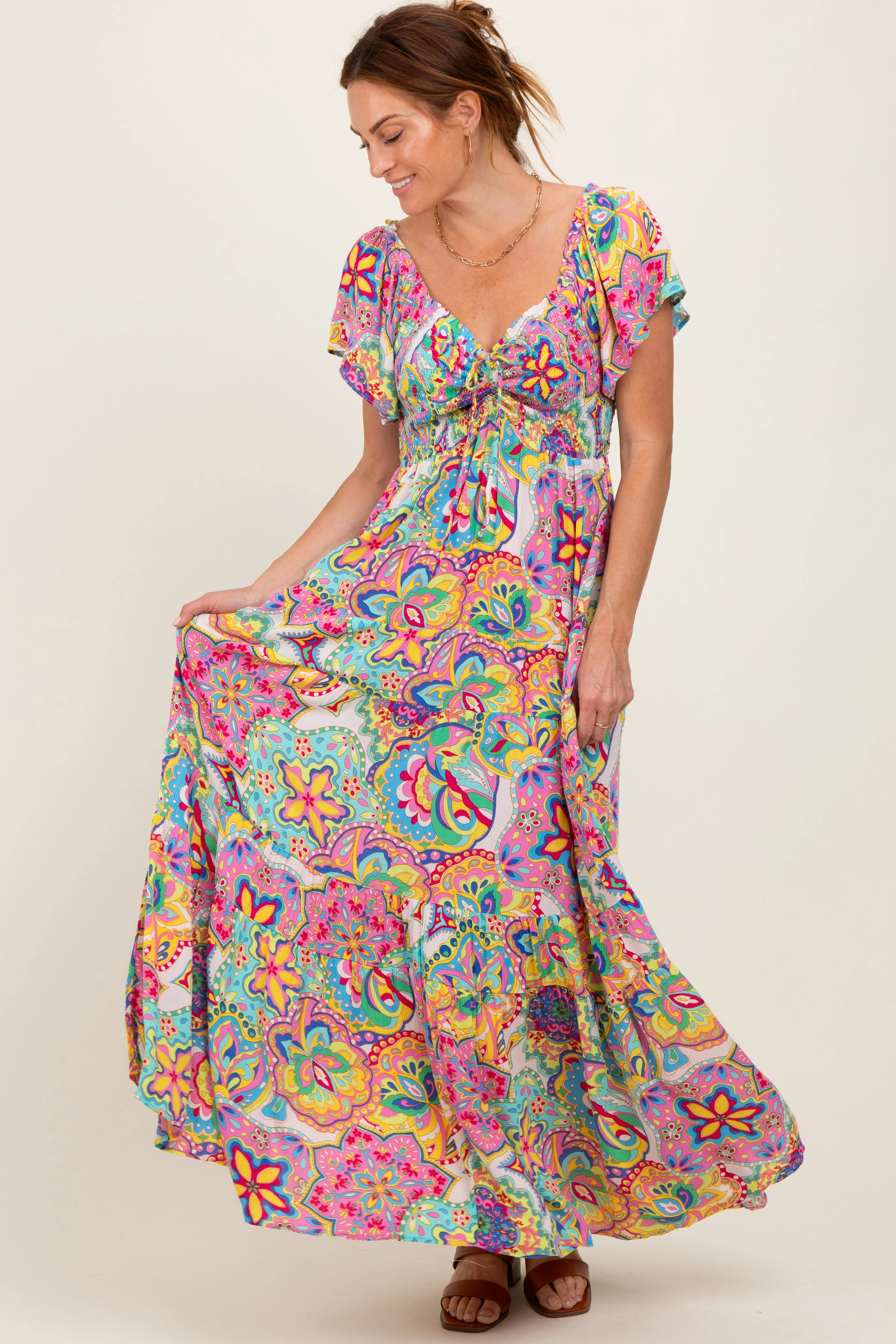 Pink Floral Paisley Smocked Tiered Maxi Dress sold by Pinkblush product image thumbnail 2
