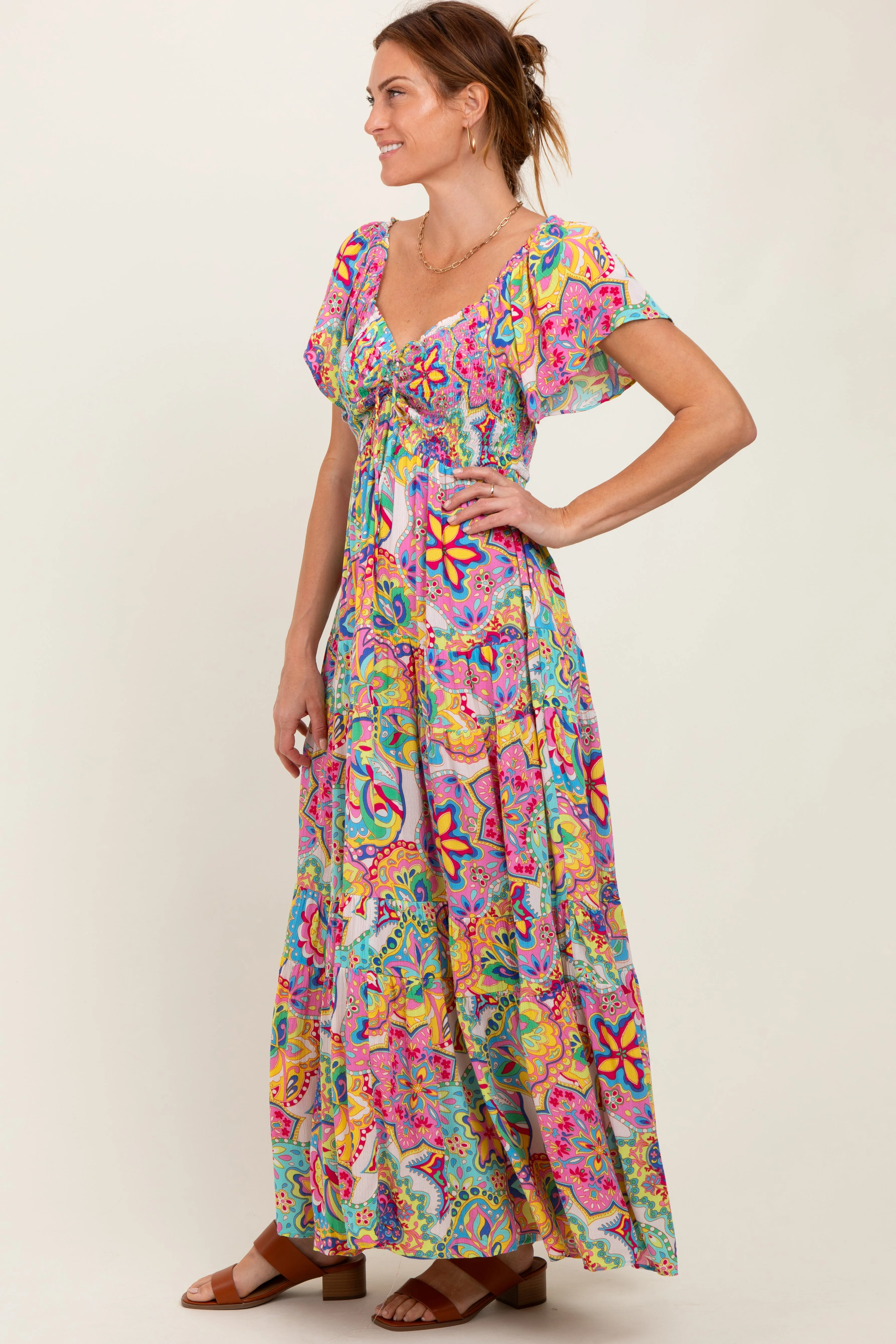 Pink Floral Paisley Smocked Tiered Maxi Dress sold by Pinkblush product image thumbnail 3