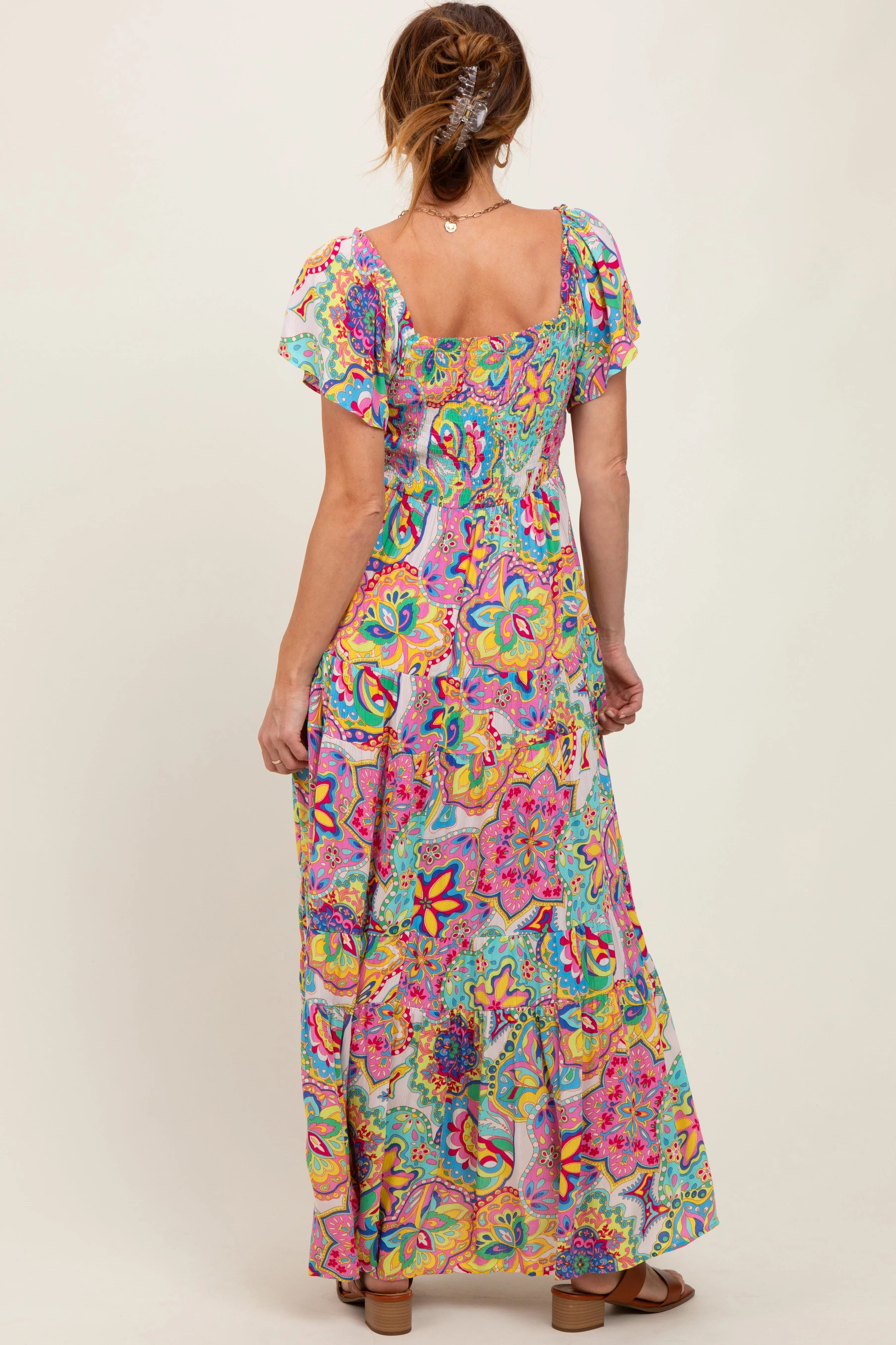 Pink Floral Paisley Smocked Tiered Maxi Dress sold by Pinkblush product image thumbnail 4