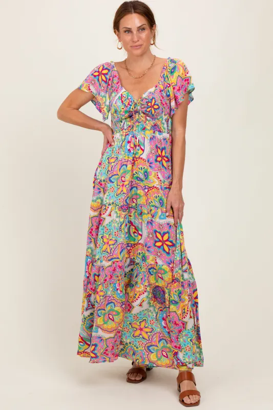 Pink Floral Paisley Smocked Tiered Maxi Dress sold by Pinkblush