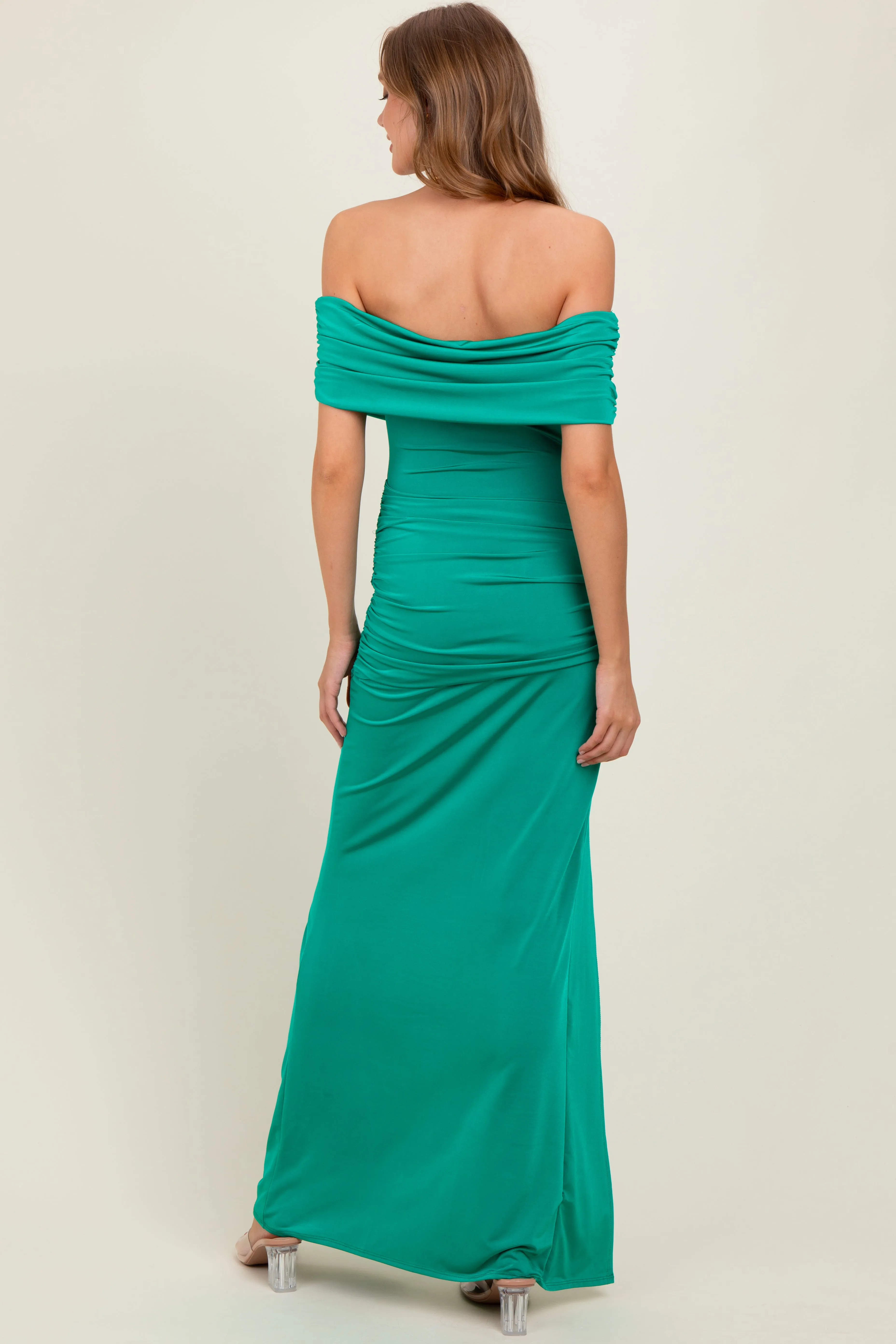 Green Foldover Off Shoulder Ruched High Slit Maxi Dress sold by Pinkblush product image thumbnail 4