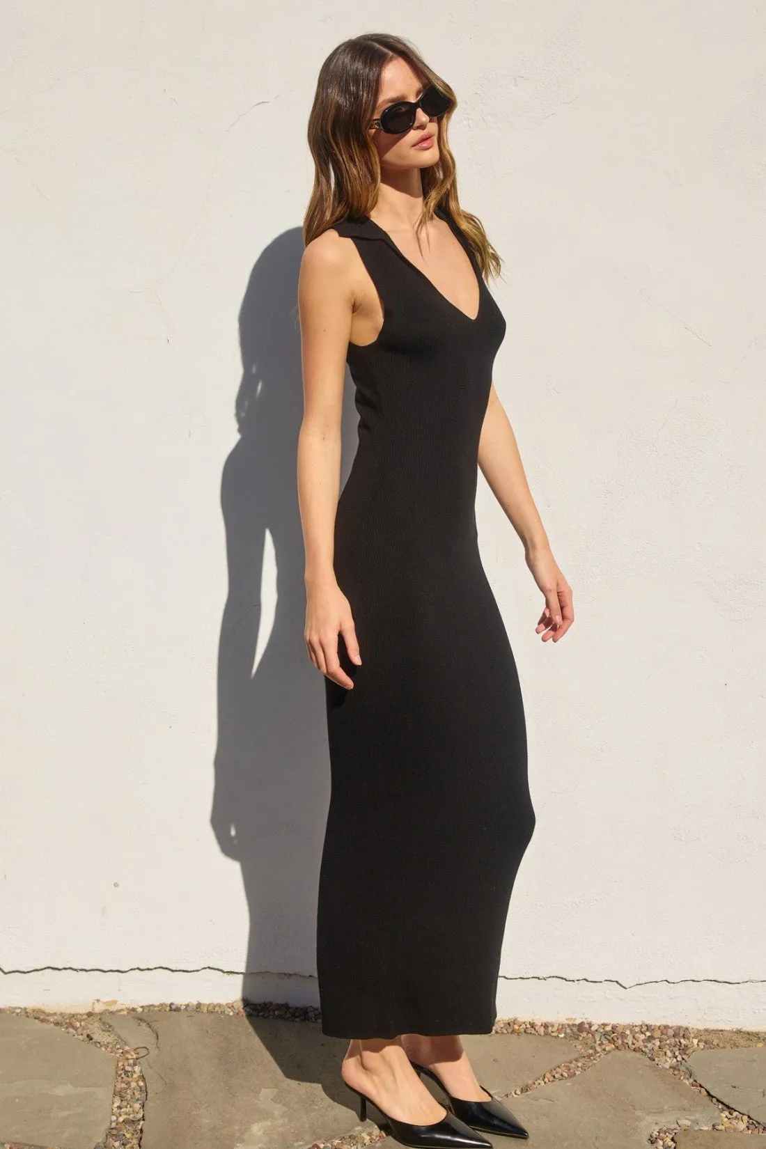 Black Knit Collared Deep V-Neck Maxi Dress sold by Pinkblush product image thumbnail 3