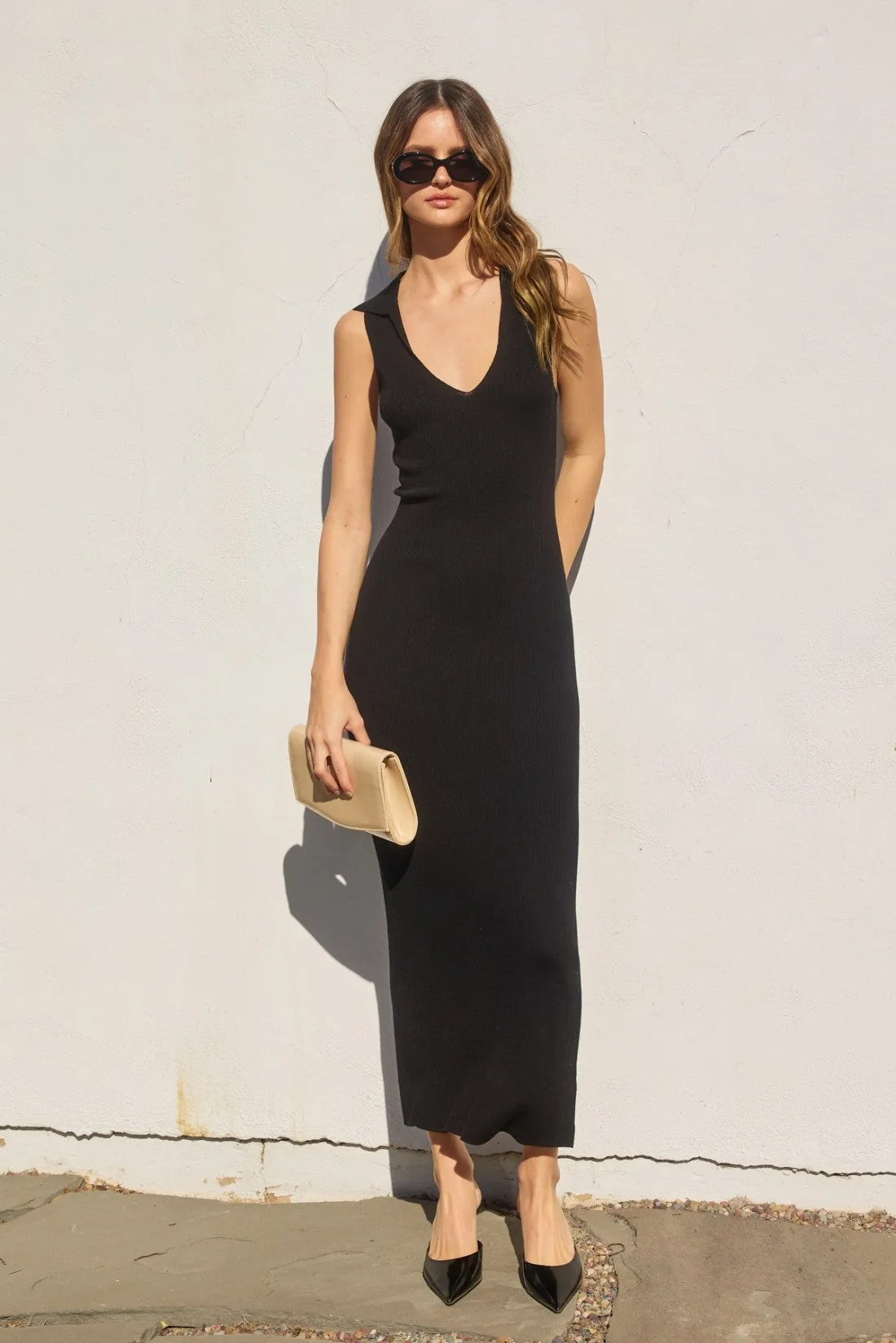 Black Knit Collared Deep V-Neck Maxi Dress sold by Pinkblush