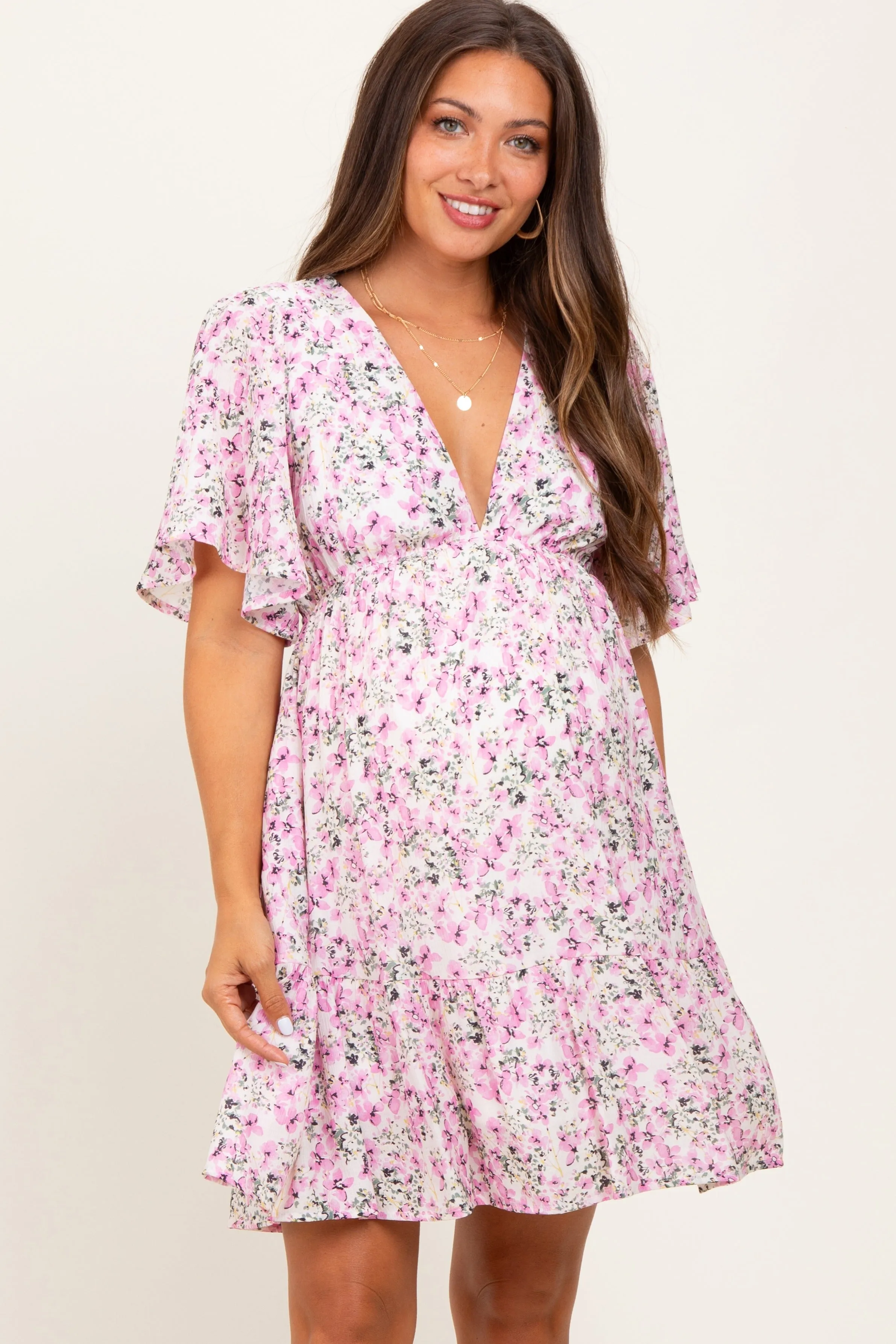 Pink Floral V-Neck Flutter Sleeve Maternity Mini Dress sold by Pinkblush