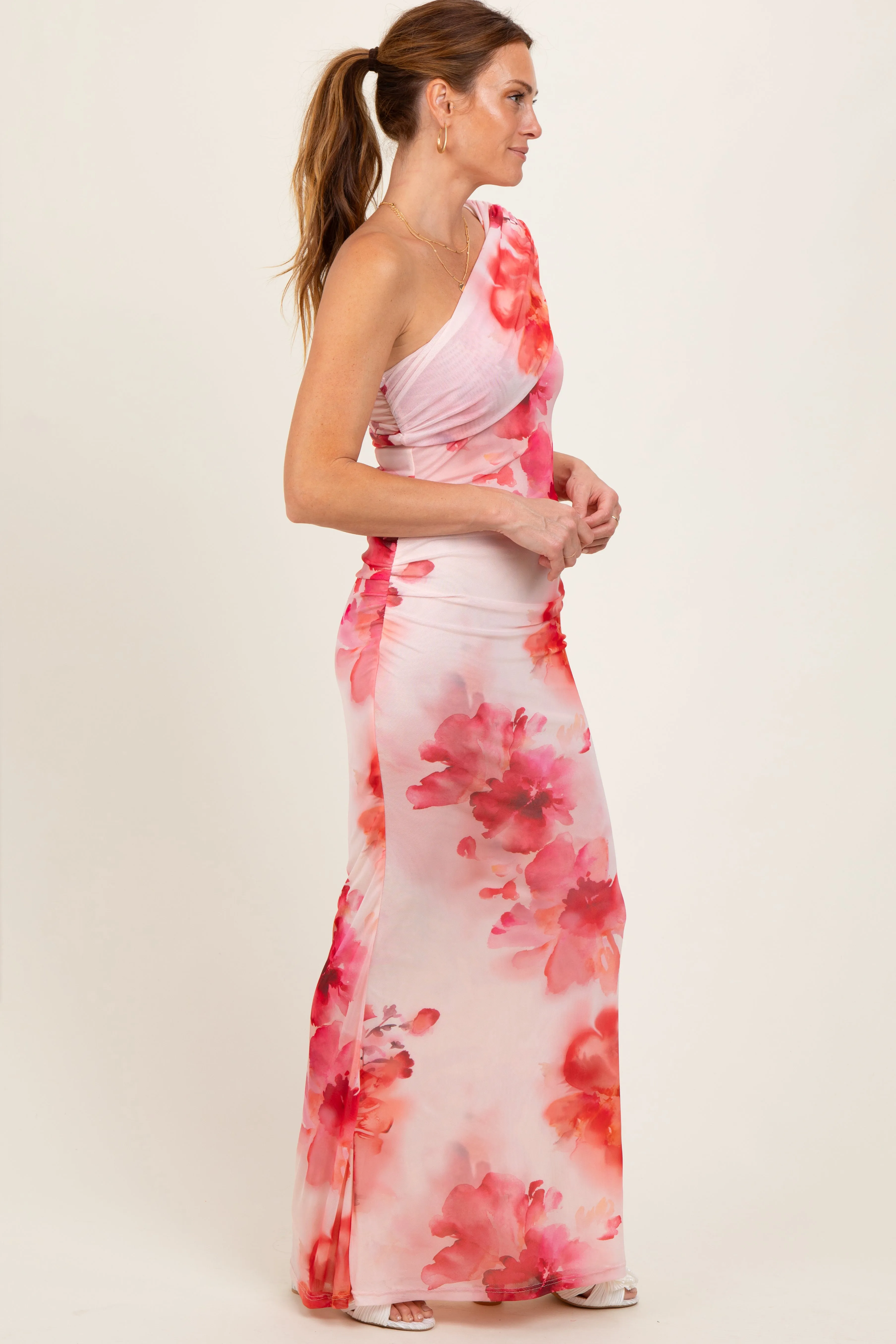 Light Pink Floral One Shoulder Ruched Maxi Dress sold by Pinkblush product image thumbnail 3