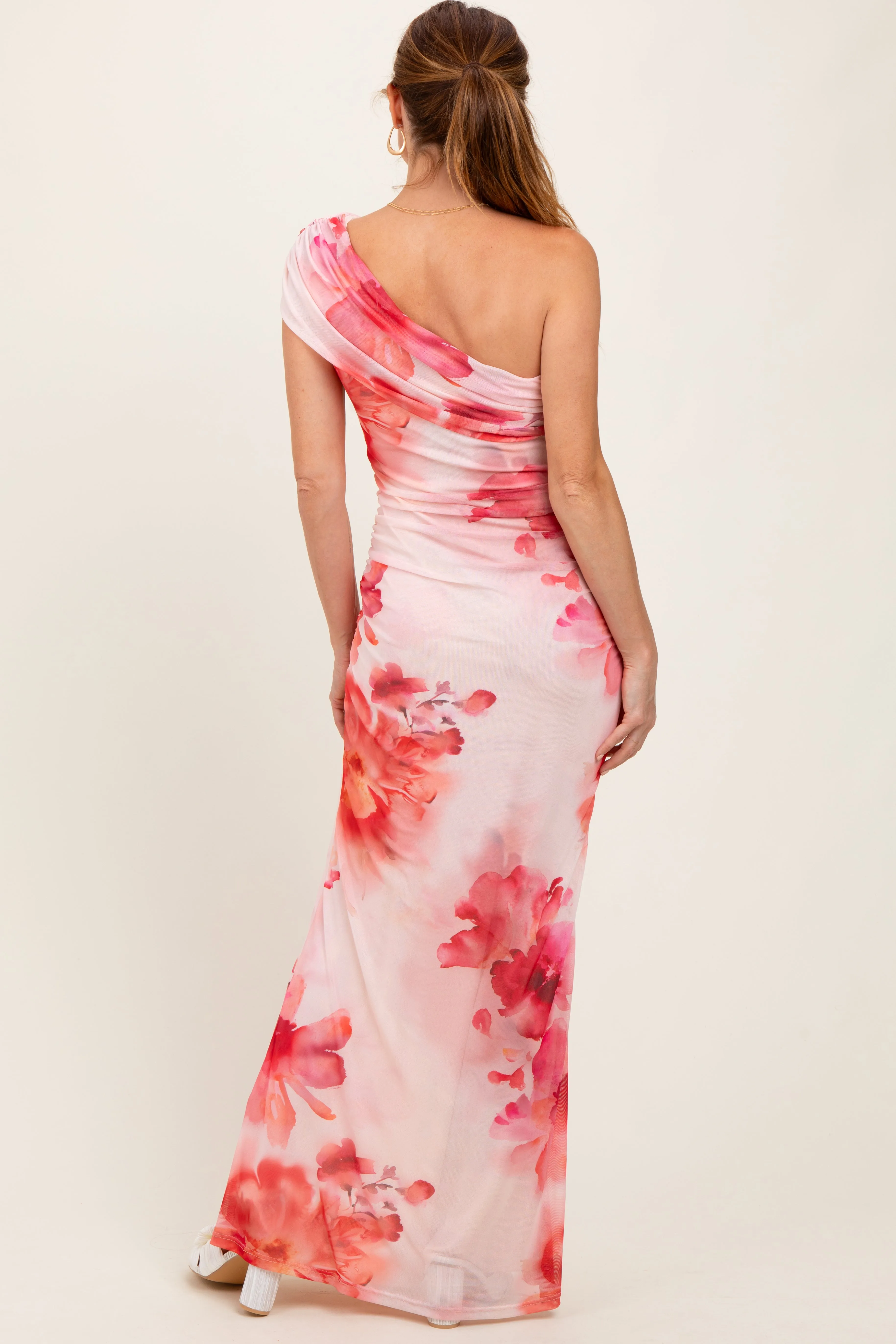 Light Pink Floral One Shoulder Ruched Maxi Dress sold by Pinkblush product image thumbnail 4