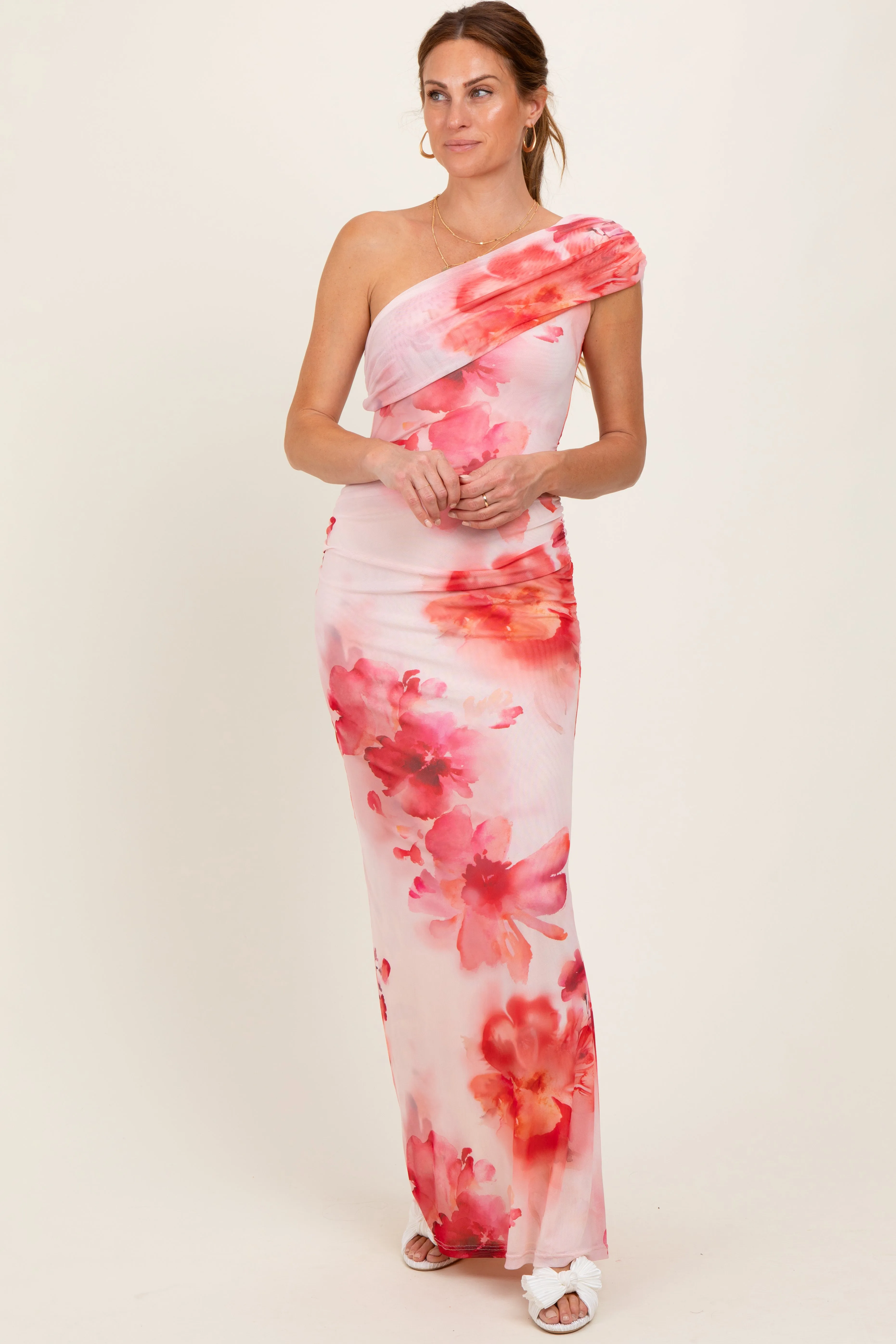 Light Pink Floral One Shoulder Ruched Maxi Dress sold by Pinkblush