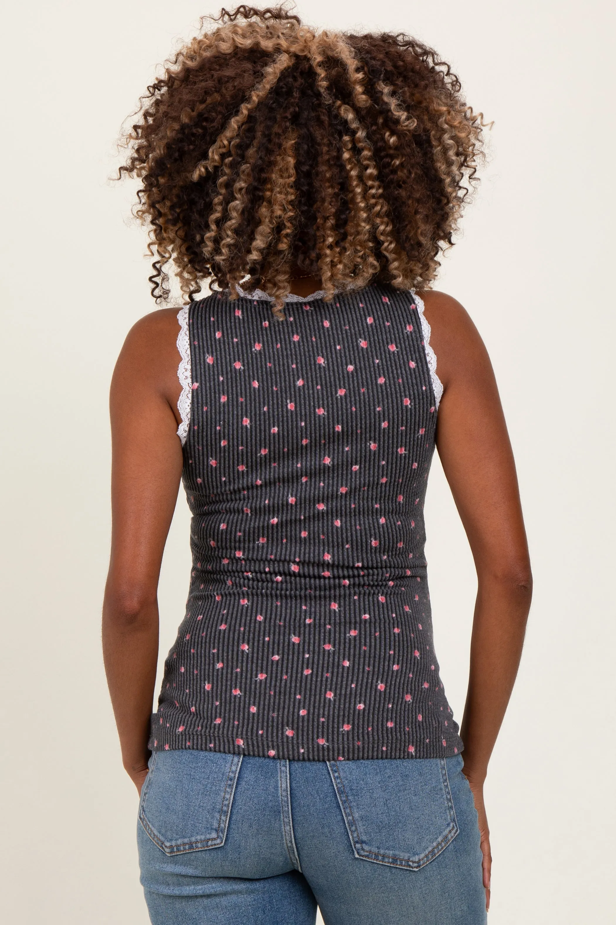 Charcoal Ditzy Floral Ribbed Sleeveless Lace Trim Maternity Tank Top sold by Pinkblush product image thumbnail 3