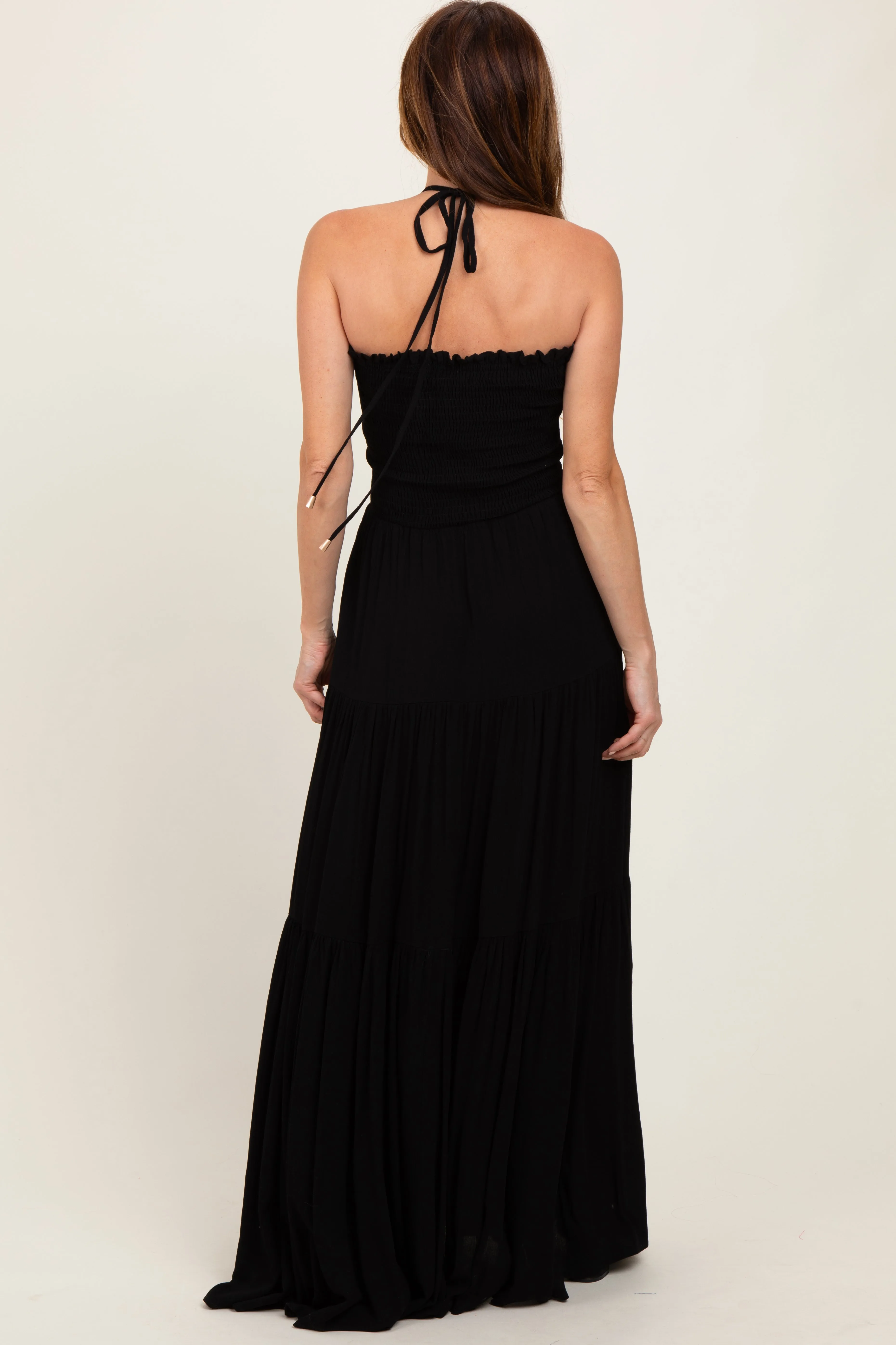 Black Smocked Halter Tiered Maxi Dress sold by Pinkblush product image thumbnail 4