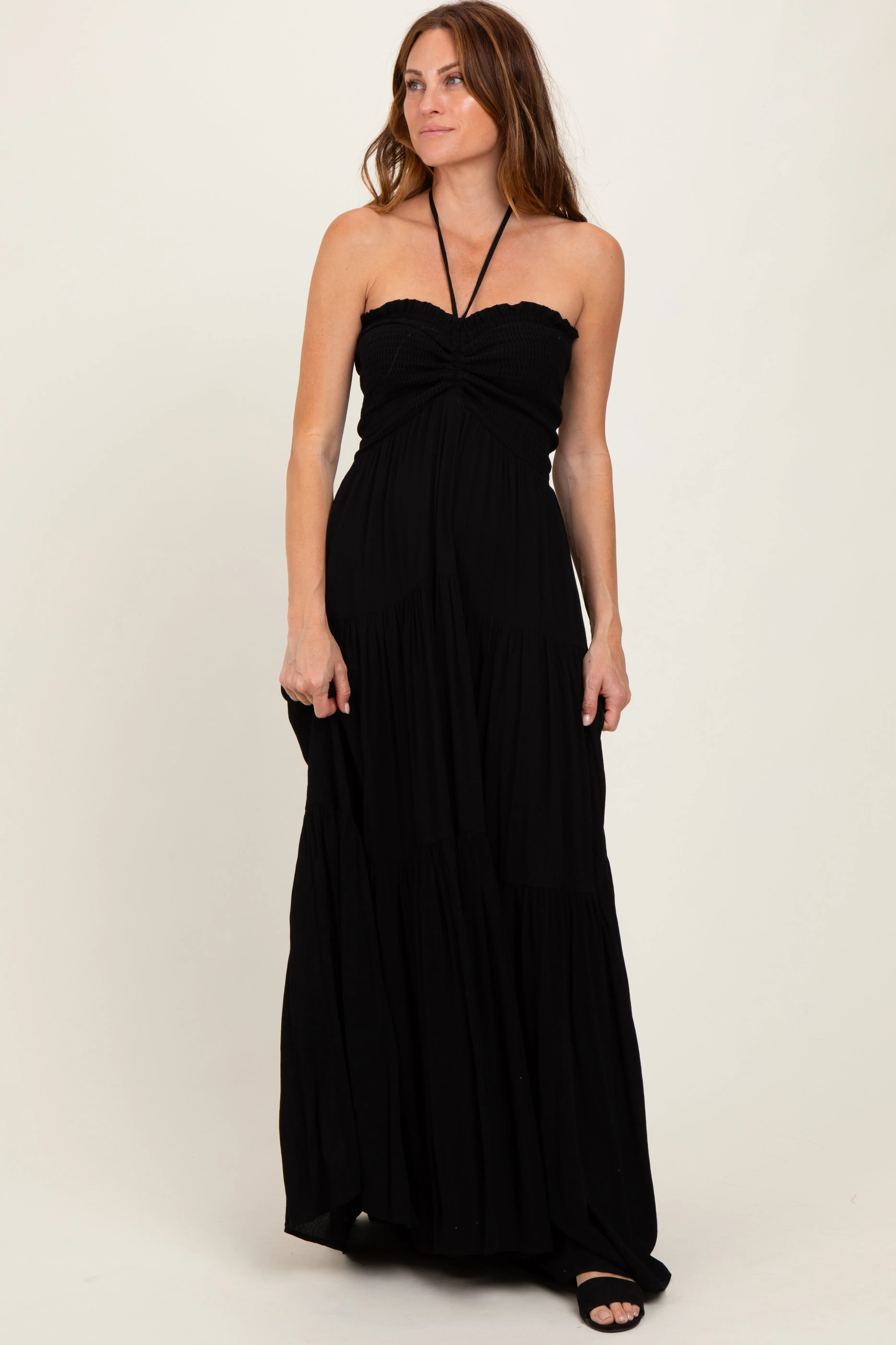 Black Smocked Halter Tiered Maxi Dress sold by Pinkblush product image thumbnail 2