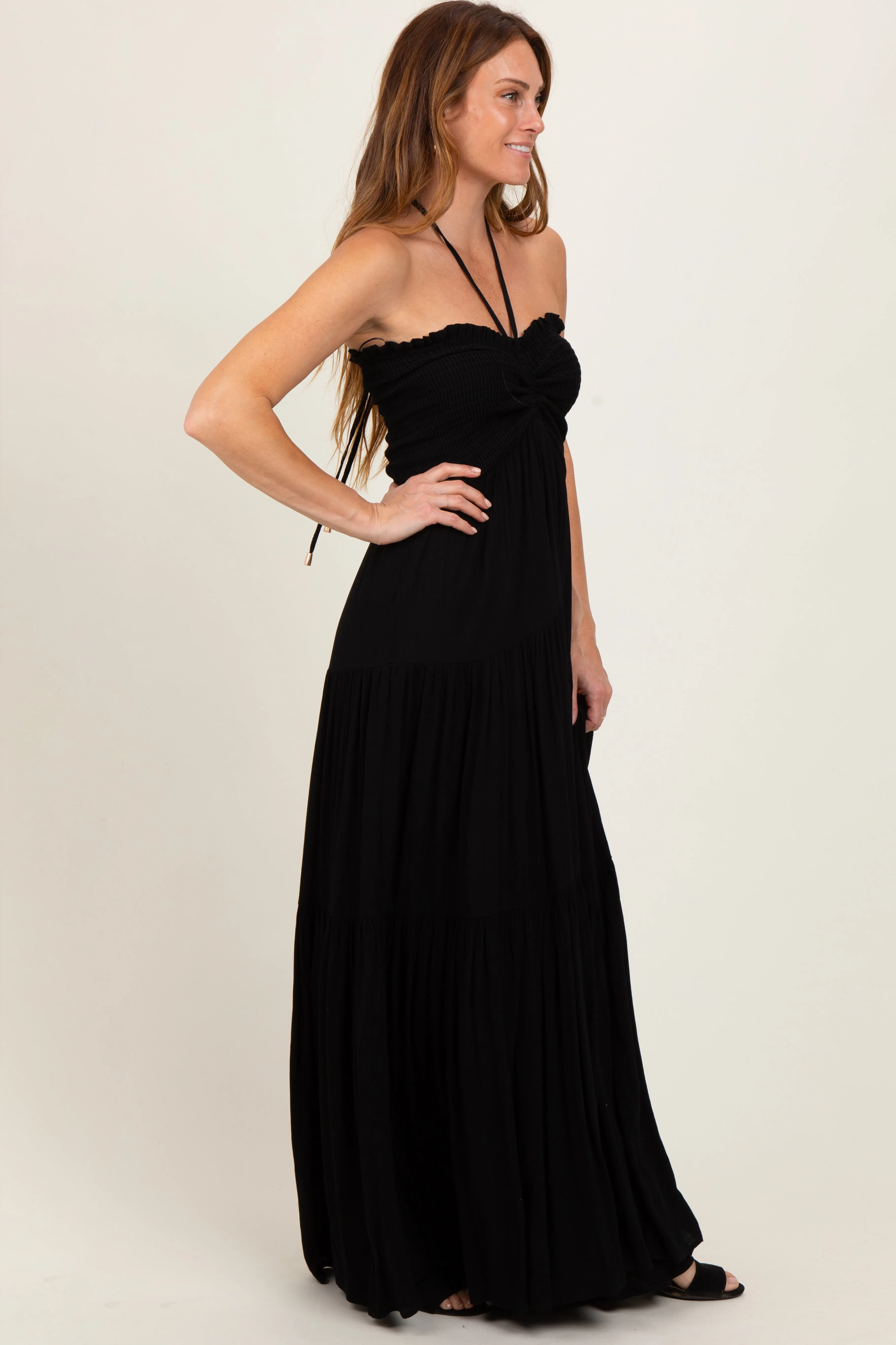 Black Smocked Halter Tiered Maxi Dress sold by Pinkblush product image thumbnail 3
