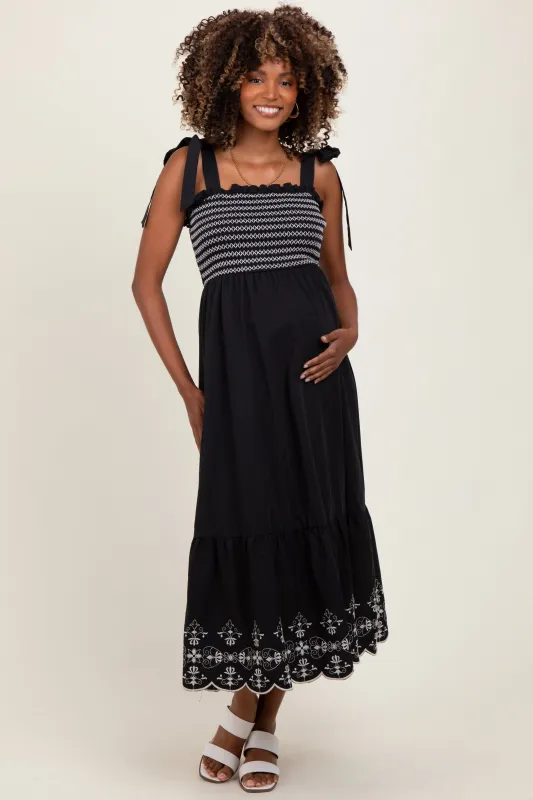 Black Smocked Embroidered Shoulder Tie Maternity Midi Dress sold by Pinkblush