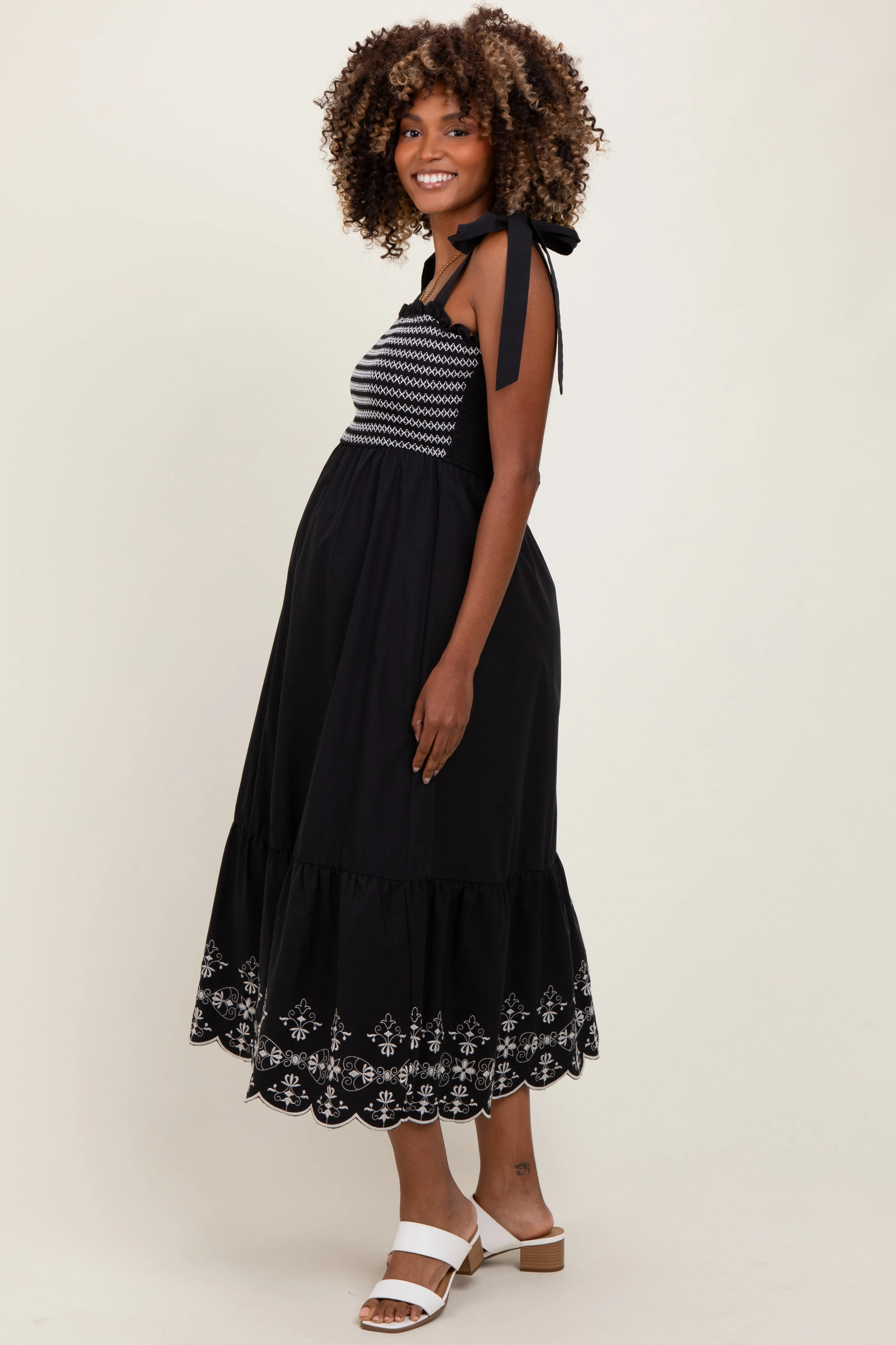 Black Smocked Embroidered Shoulder Tie Maternity Midi Dress sold by Pinkblush product image thumbnail 2