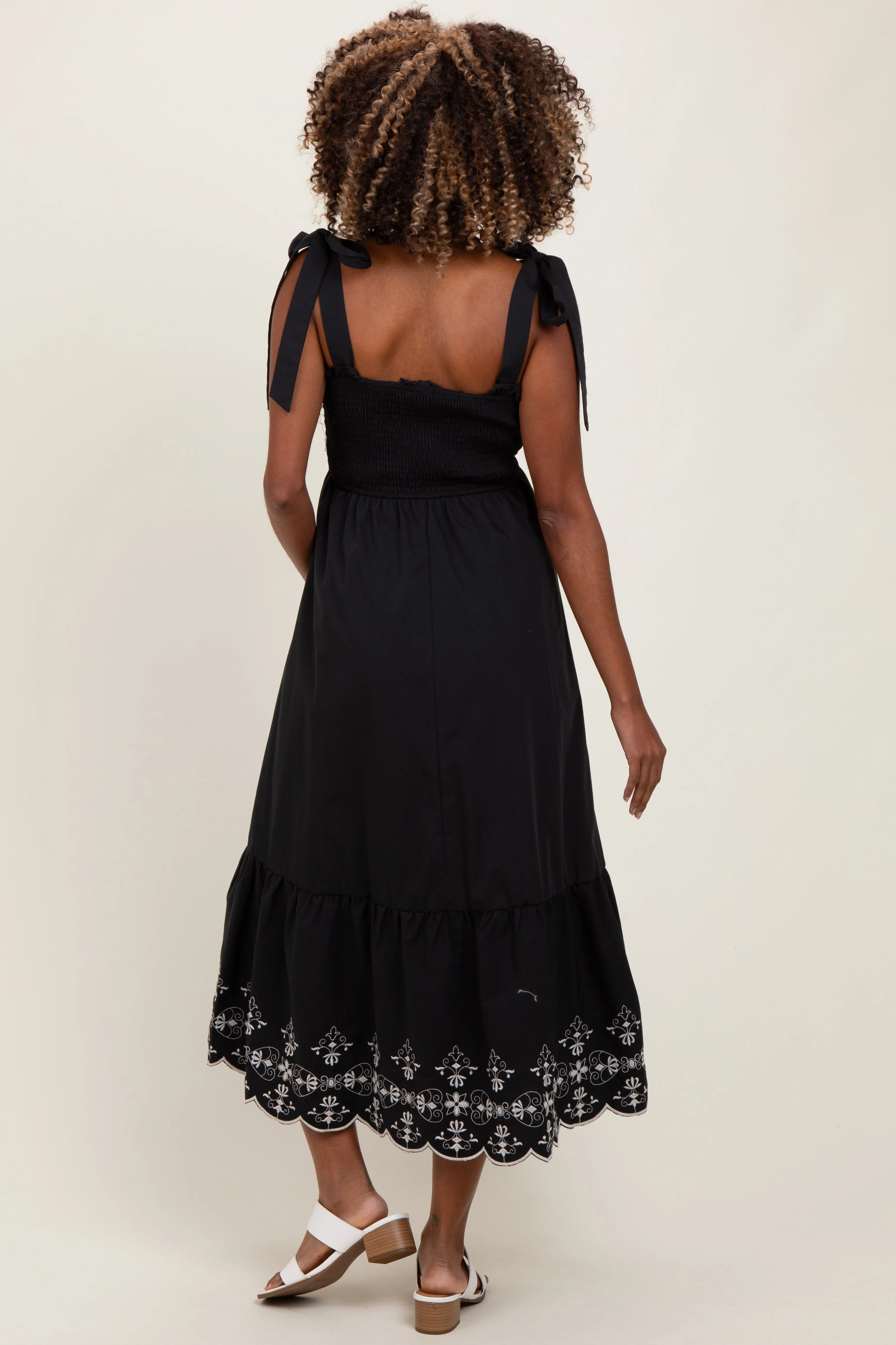 Black Smocked Embroidered Shoulder Tie Maternity Midi Dress sold by Pinkblush product image thumbnail 3
