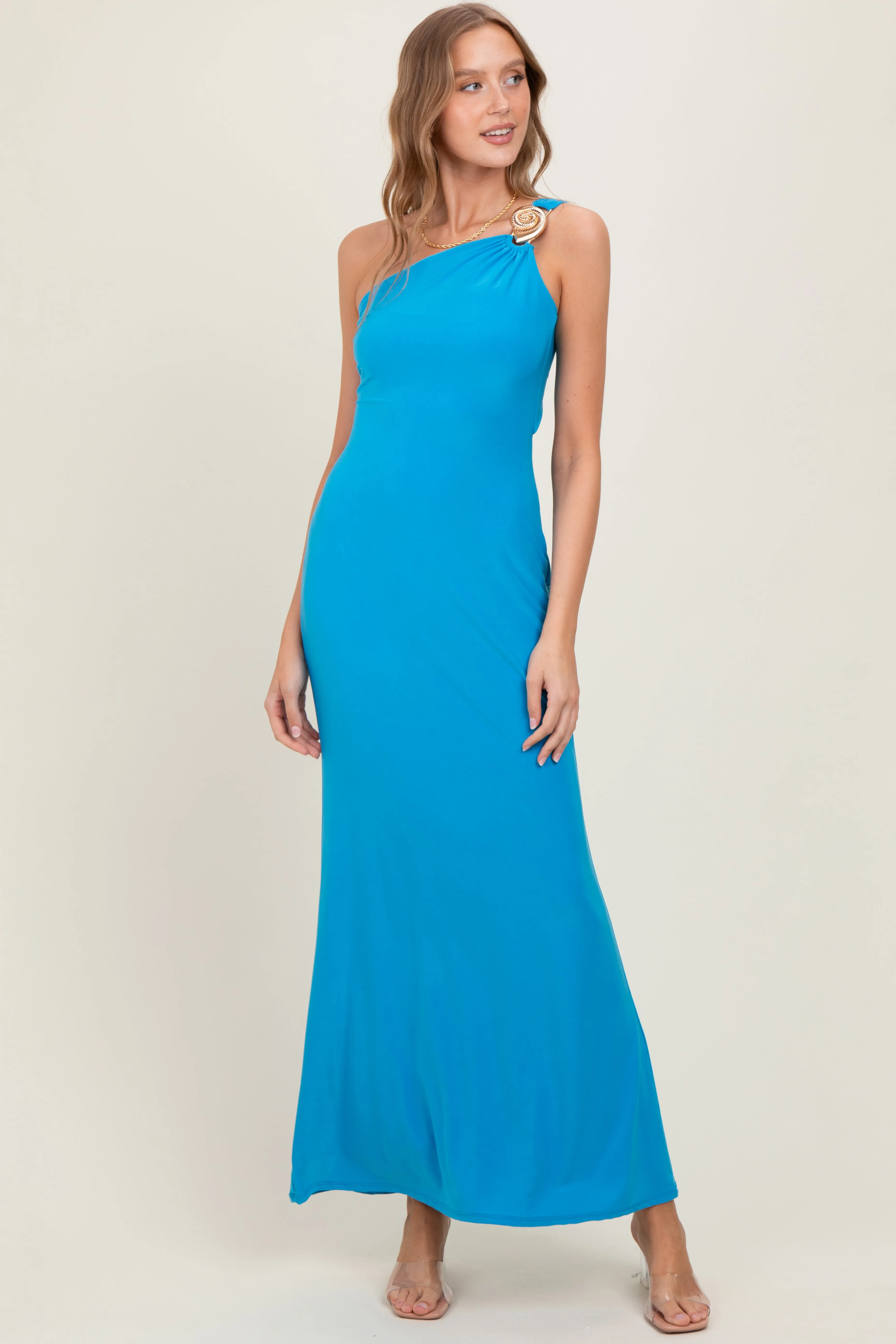 Blue One Shoulder Pendant Cutout Maxi Dress sold by Pinkblush