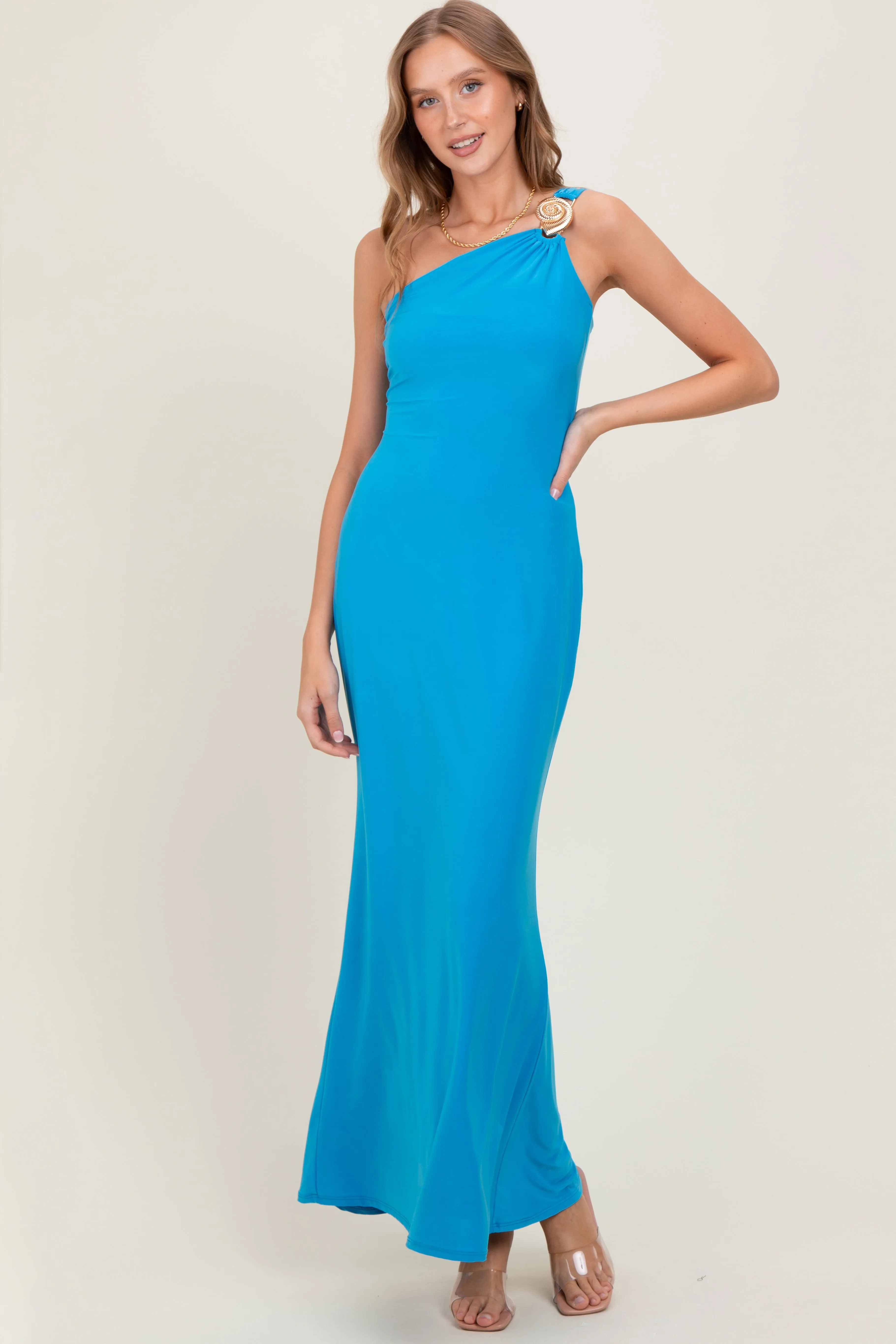 Blue One Shoulder Pendant Cutout Maxi Dress sold by Pinkblush product image thumbnail 2