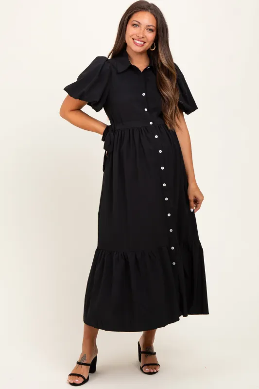 Black Puff Sleeve Side Tie Maternity Midi Shirt Dress sold by Pinkblush