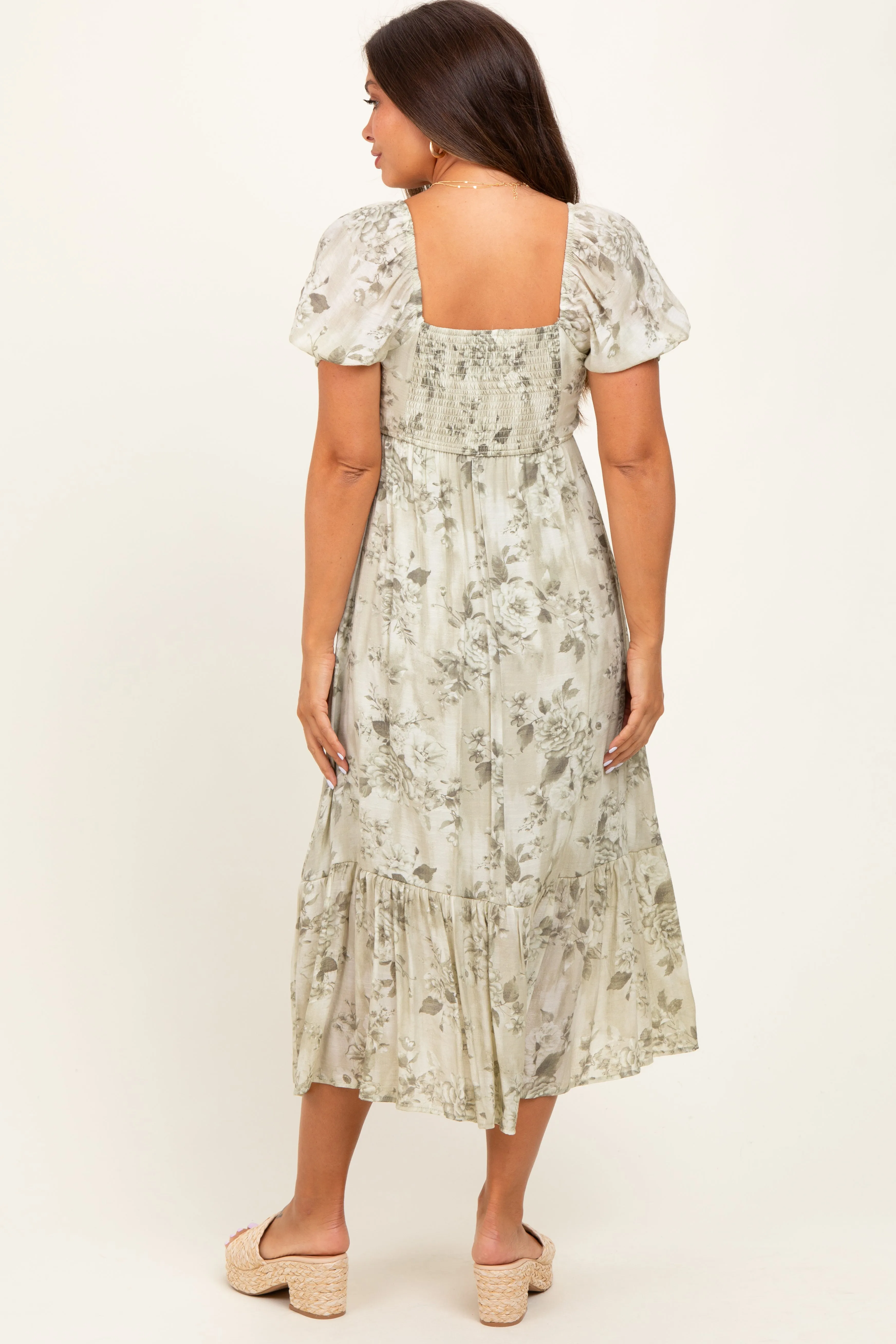 Olive Floral Pleated Bust Puff Sleeve Maternity Midi Dress sold by Pinkblush product image thumbnail 4