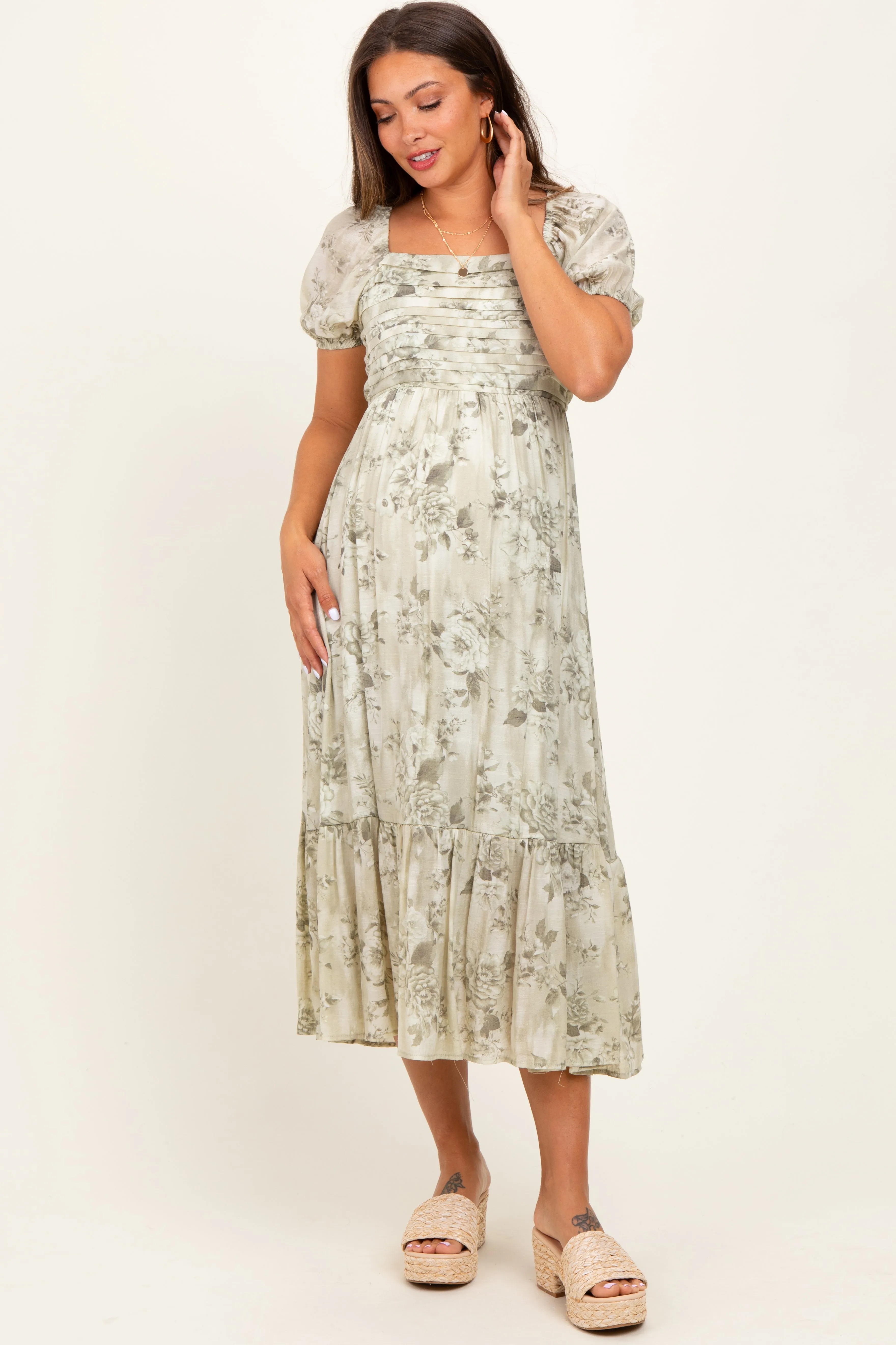 Olive Floral Pleated Bust Puff Sleeve Maternity Midi Dress sold by Pinkblush