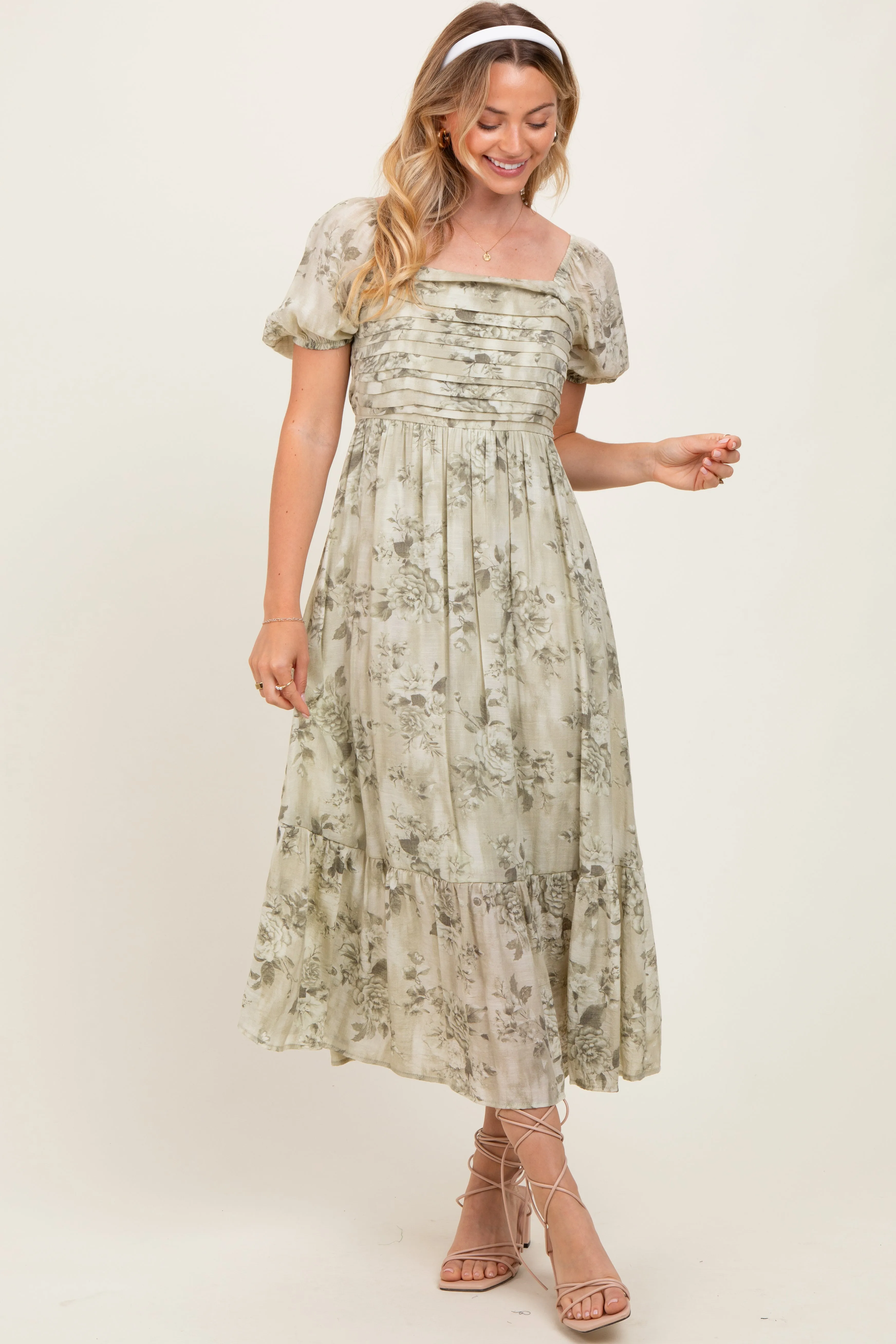 Olive Floral Pleated Bust Puff Sleeve Maternity Midi Dress sold by Pinkblush product image thumbnail 5
