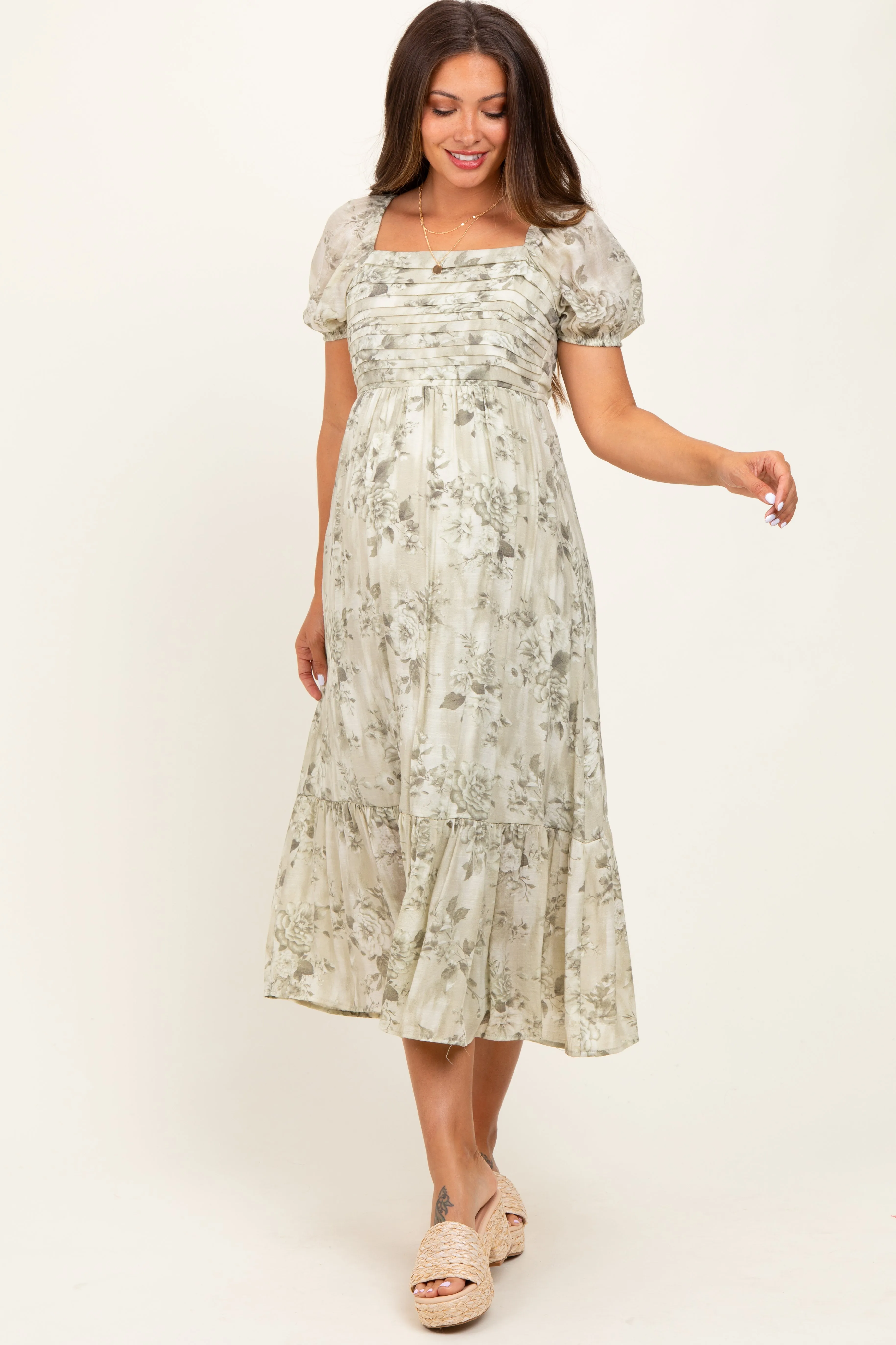 Olive Floral Pleated Bust Puff Sleeve Maternity Midi Dress sold by Pinkblush product image thumbnail 2