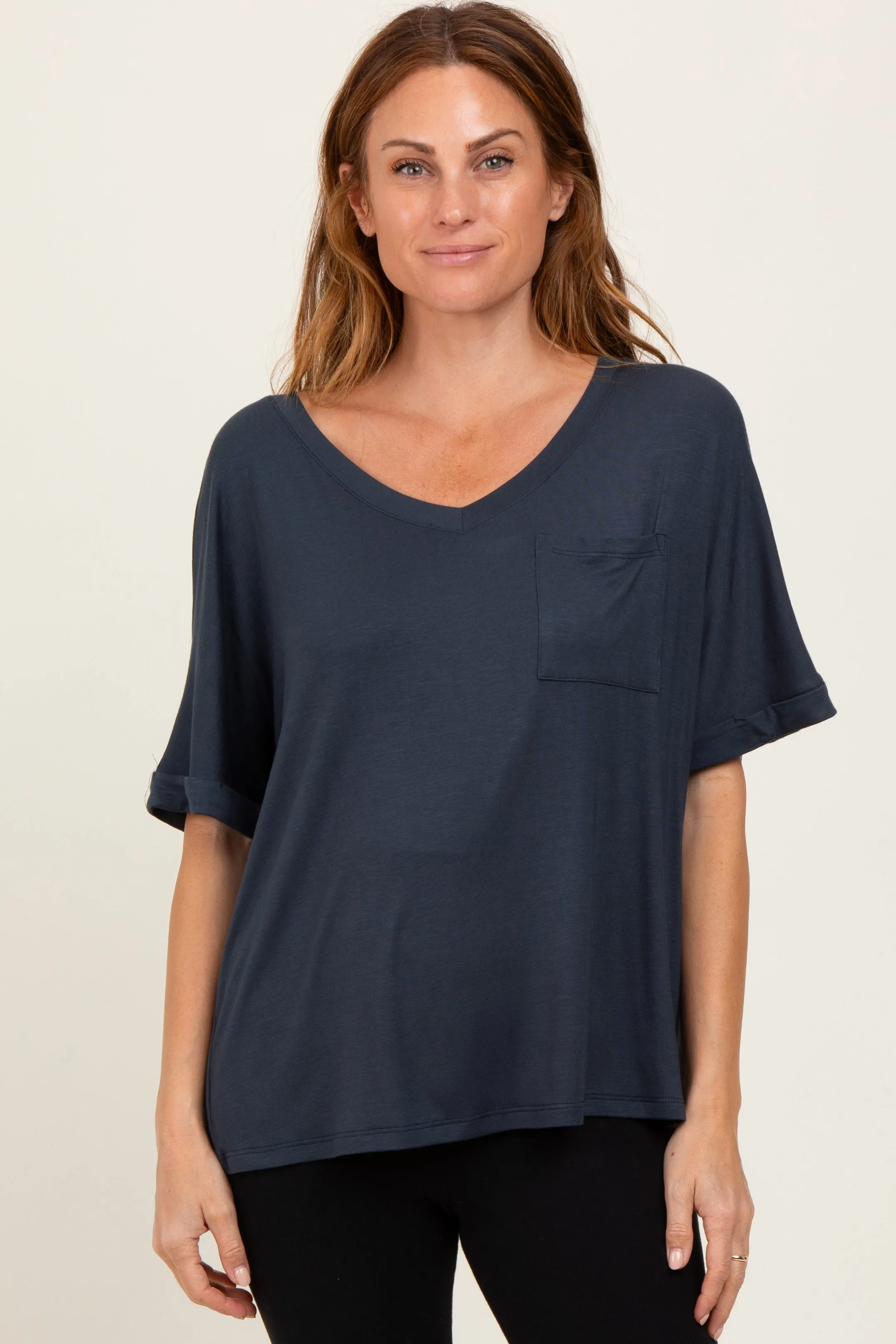 Charcoal Oversized V-Neck Front Pocket T-Shirt sold by Pinkblush