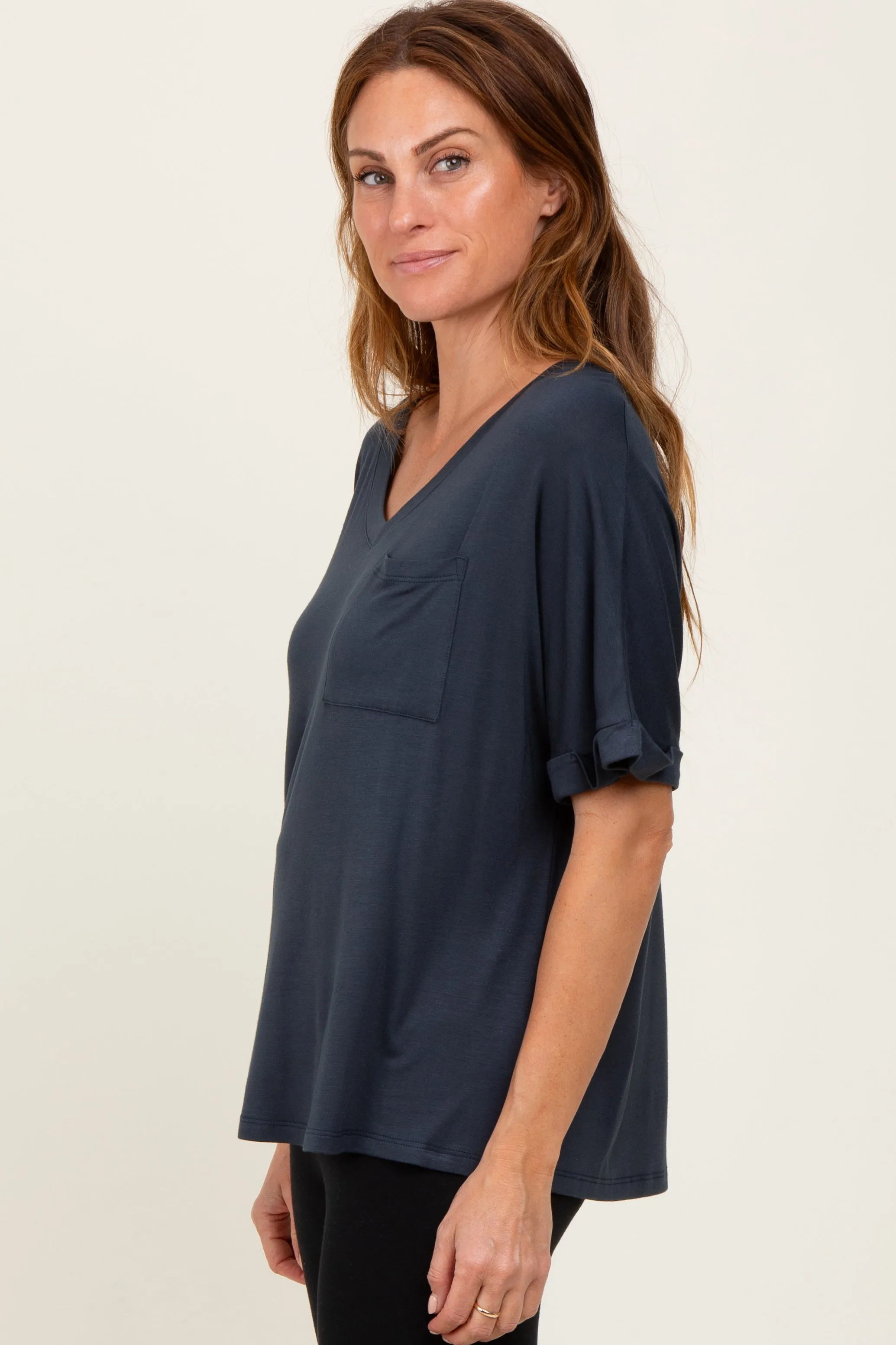 Charcoal Oversized V-Neck Front Pocket T-Shirt sold by Pinkblush product image thumbnail 3
