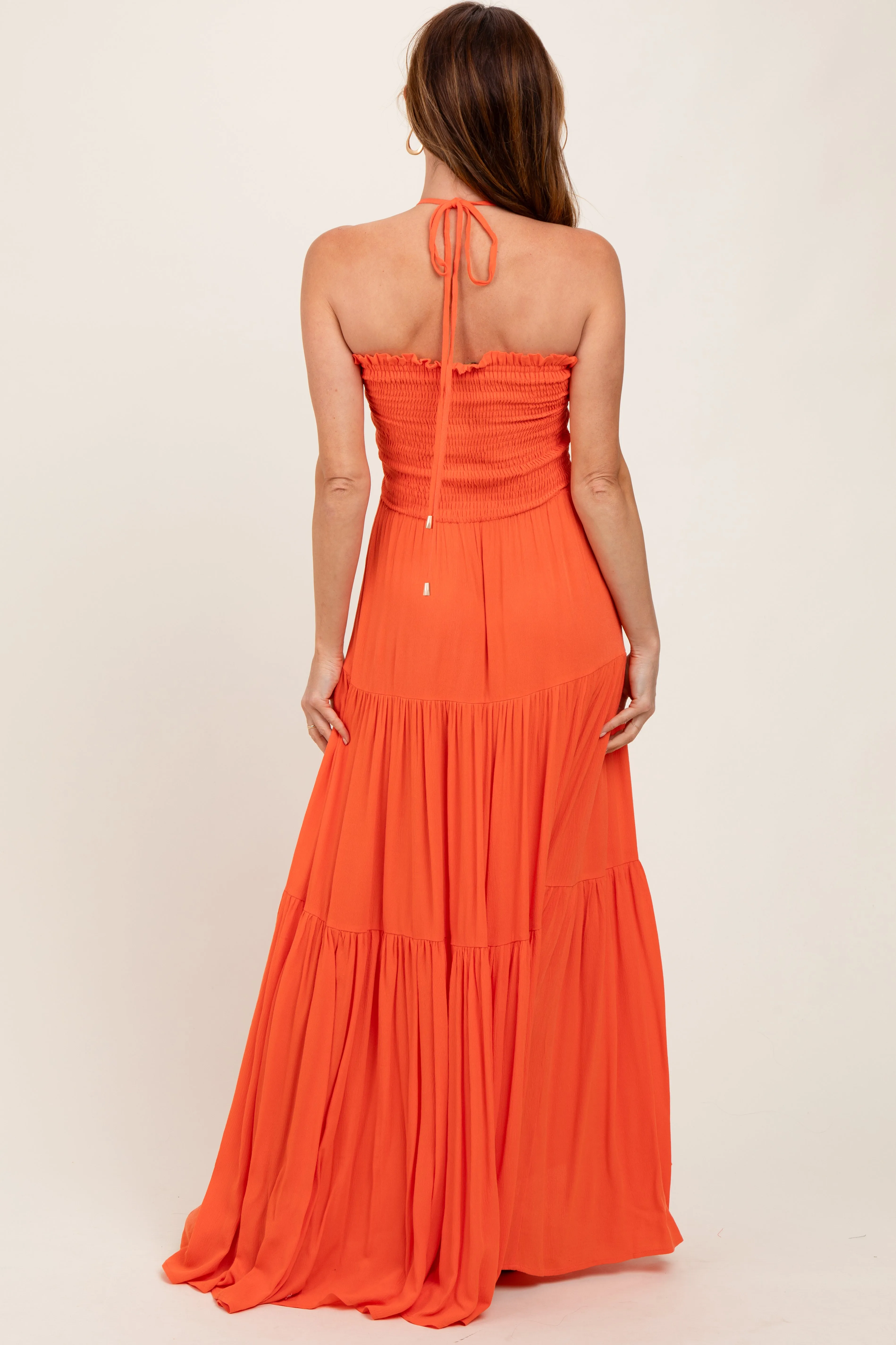 Orange Smocked Halter Tiered Maxi Dress sold by Pinkblush product image thumbnail 4