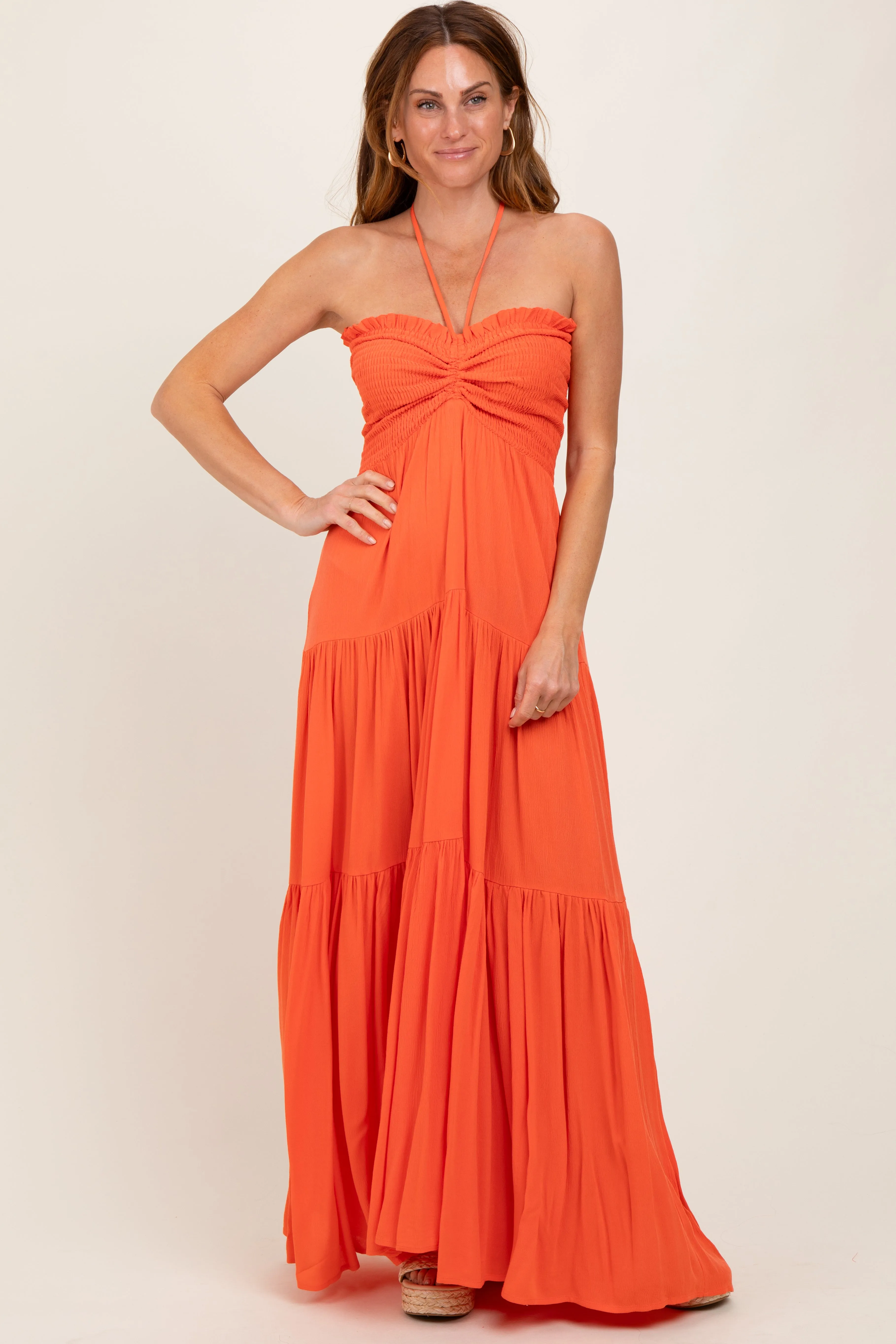 Orange Smocked Halter Tiered Maxi Dress sold by Pinkblush product image thumbnail 2
