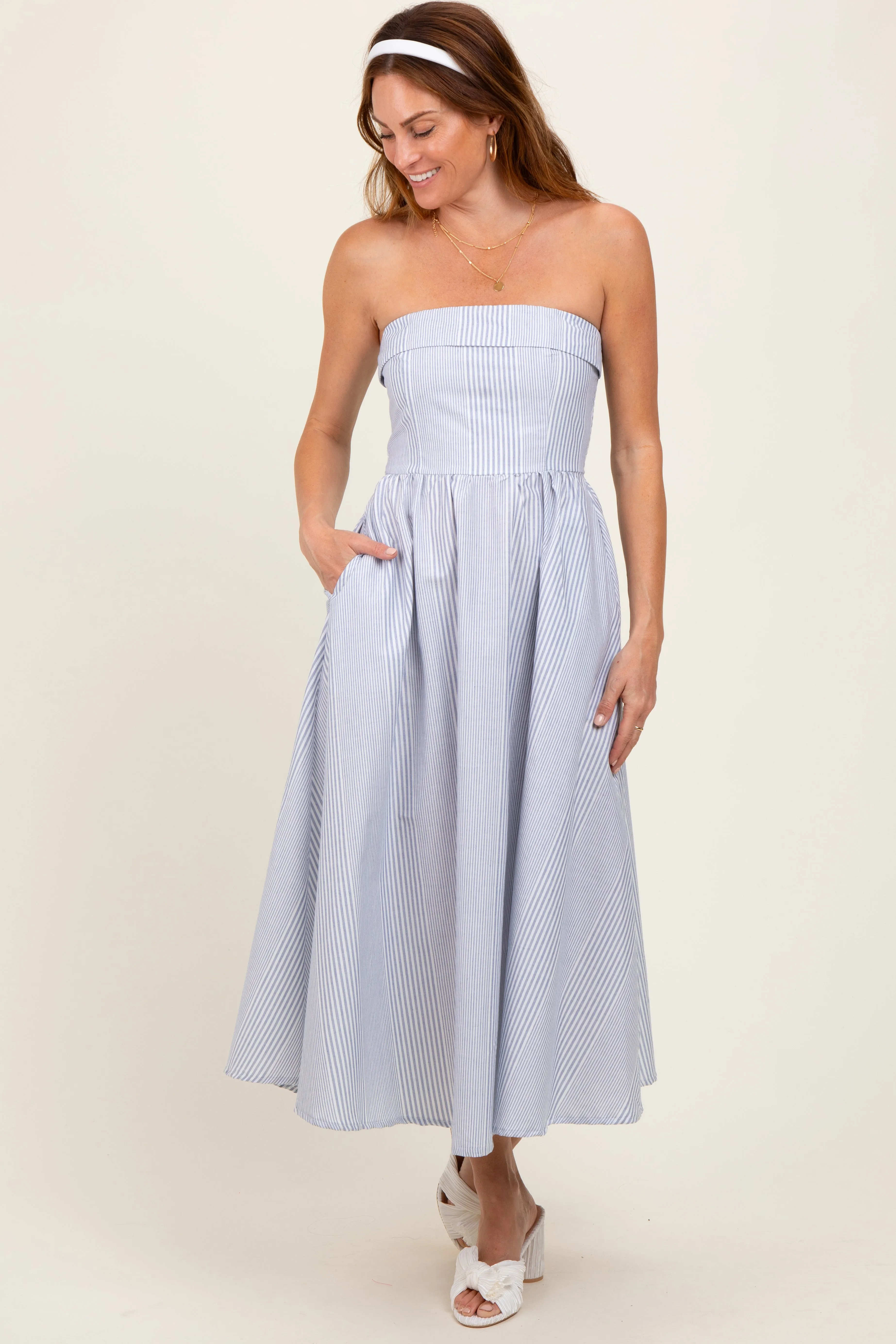 Blue Multi Stripe Strapless Midi Dress sold by Pinkblush product image thumbnail 2