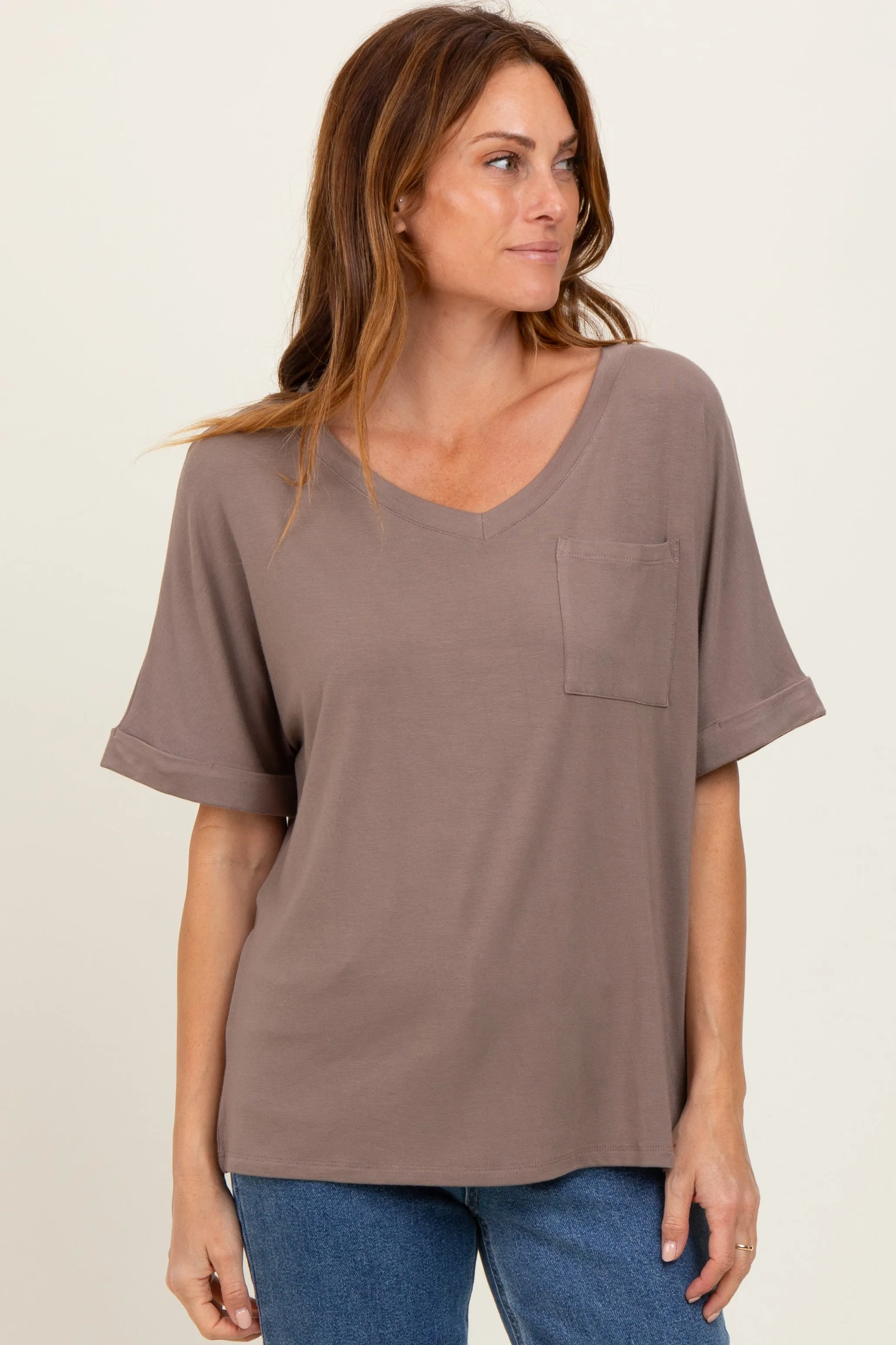 Taupe Oversized V-Neck Front Pocket T-Shirt sold by Pinkblush product image thumbnail 2