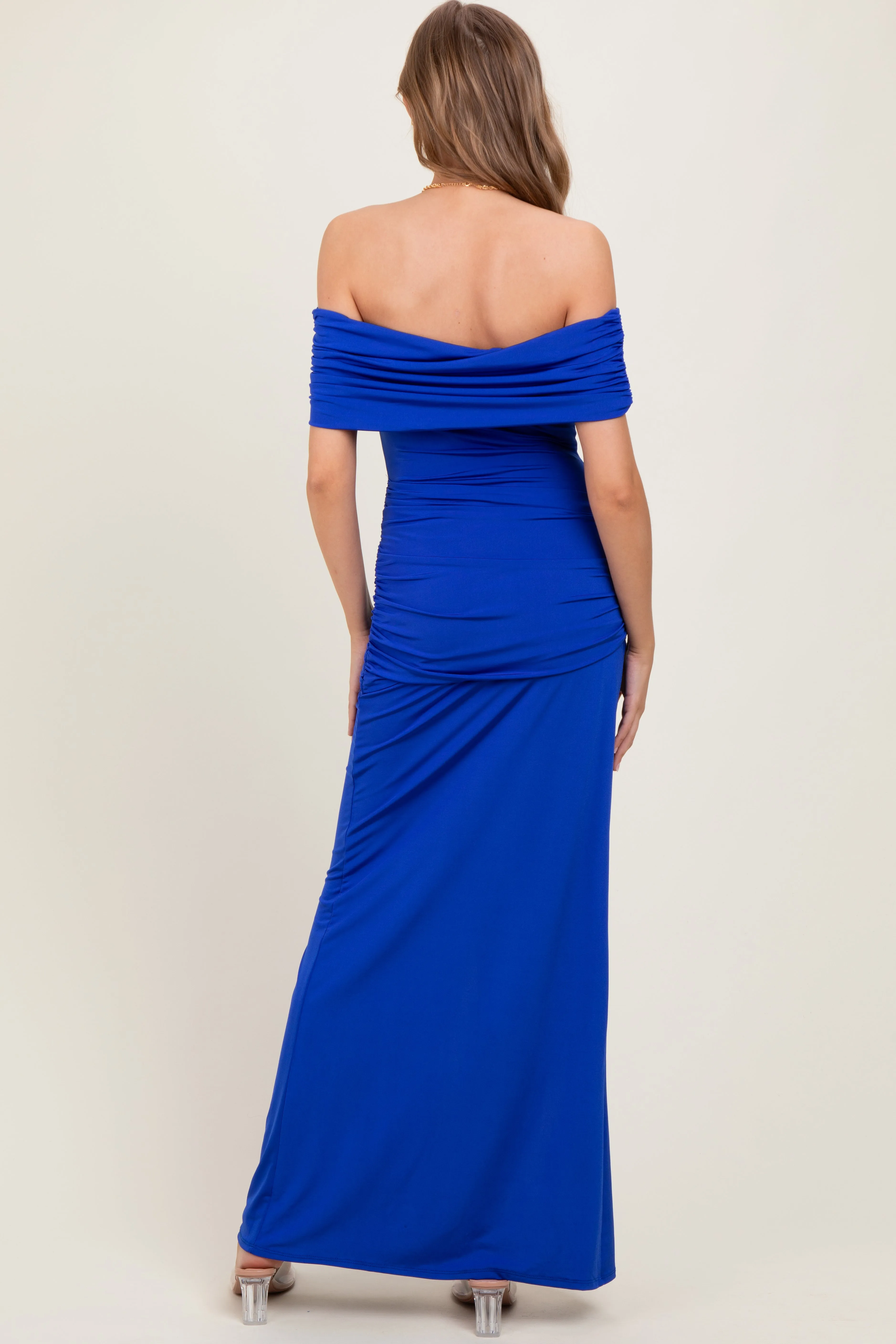 Royal Foldover Off Shoulder Ruched High Slit Maxi Dress sold by Pinkblush product image thumbnail 2