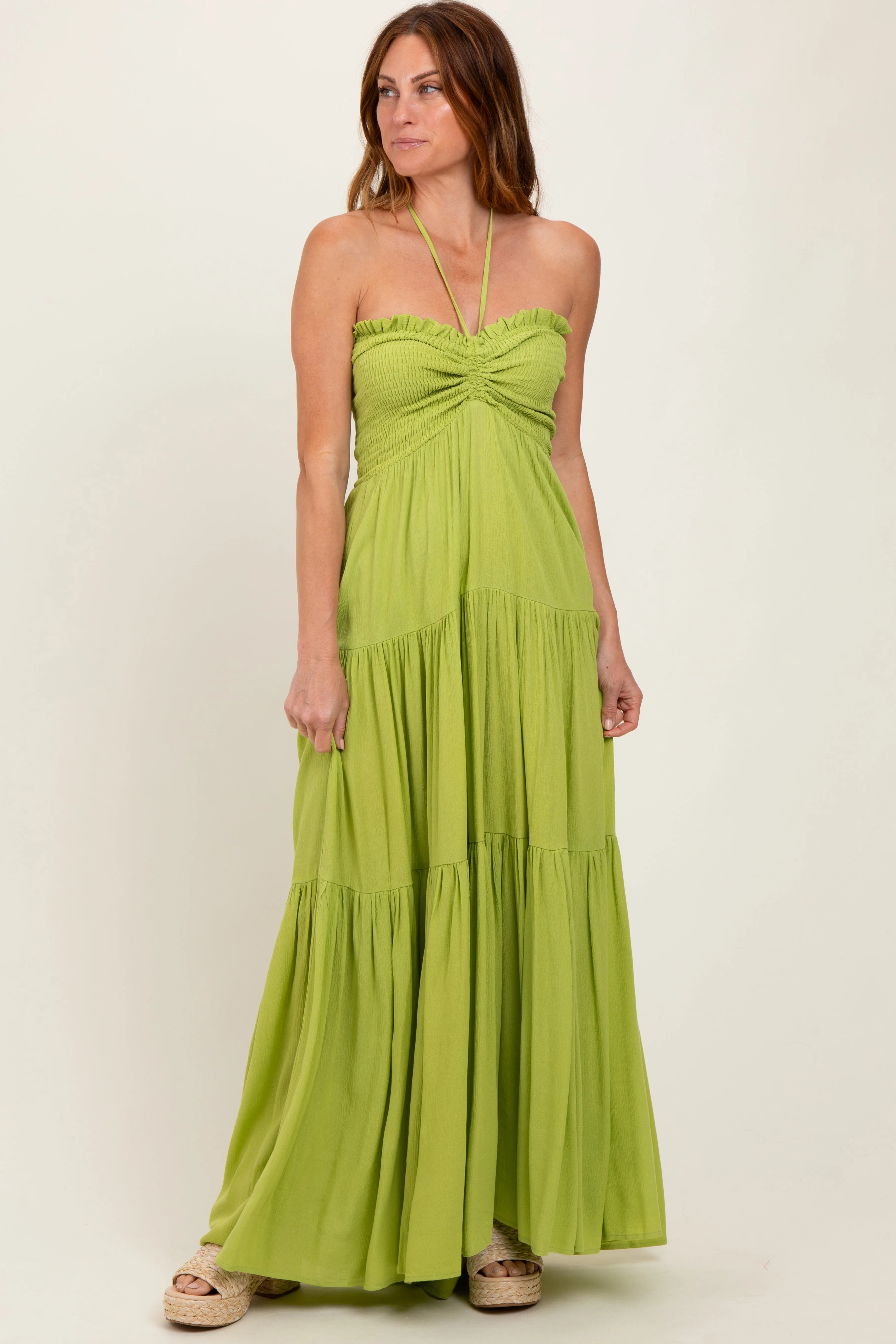 Lime Smocked Halter Tiered Maxi Dress sold by Pinkblush product image thumbnail 2