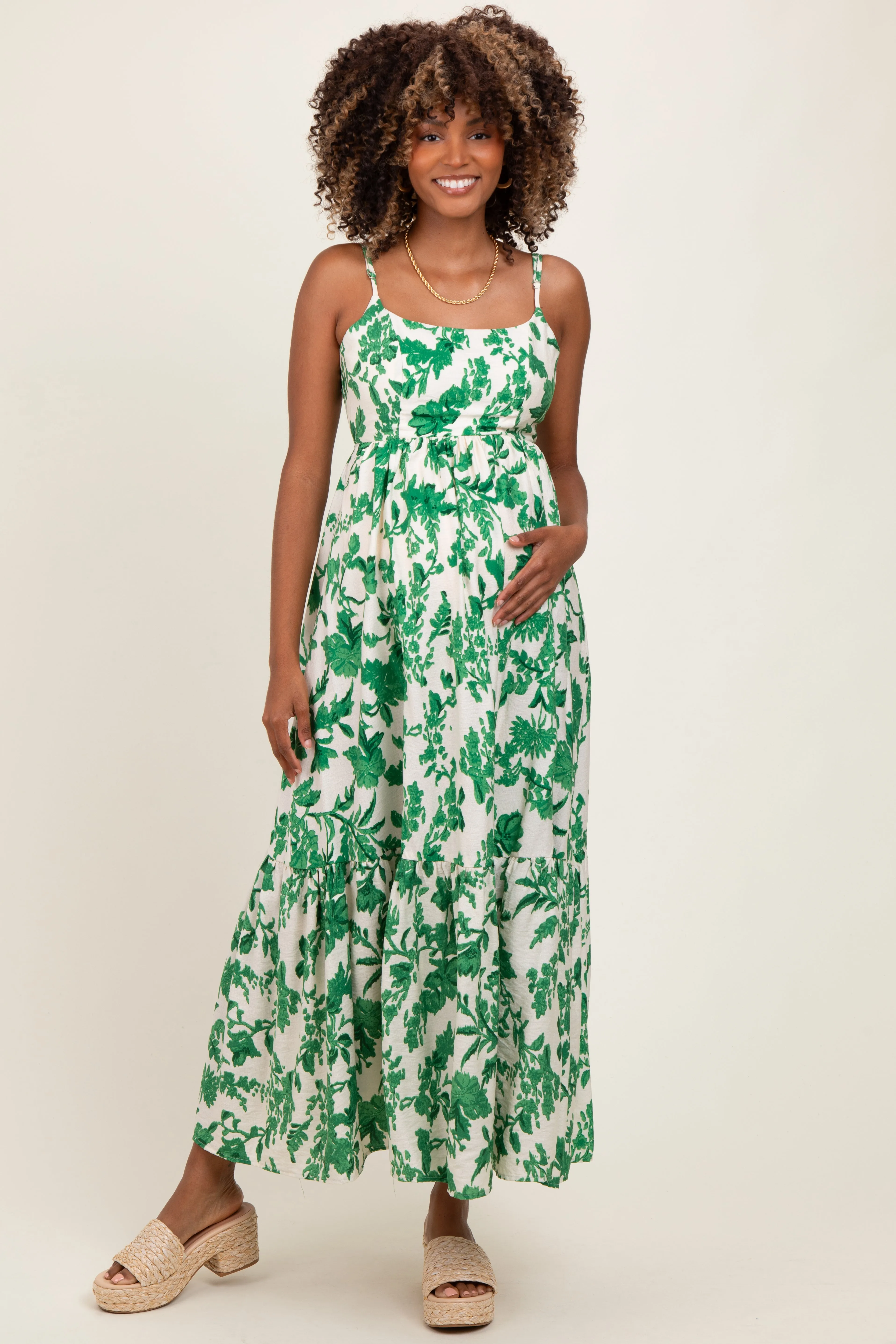 Green Floral Cutout Tie Back Maternity Maxi Dress sold by Pinkblush