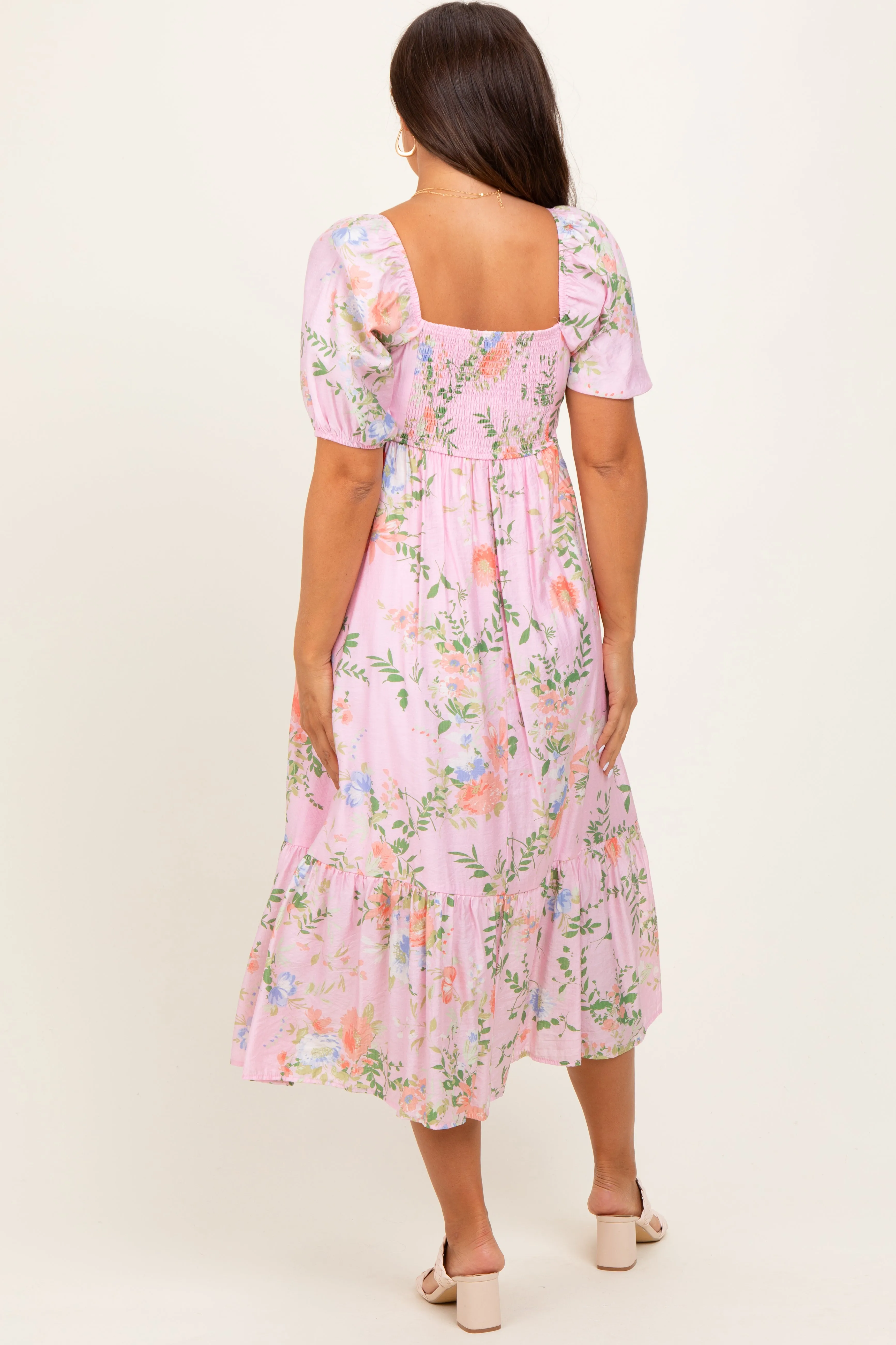 Pink Floral Pleated Bust Puff Sleeve Maternity Midi Dress sold by Pinkblush product image thumbnail 3