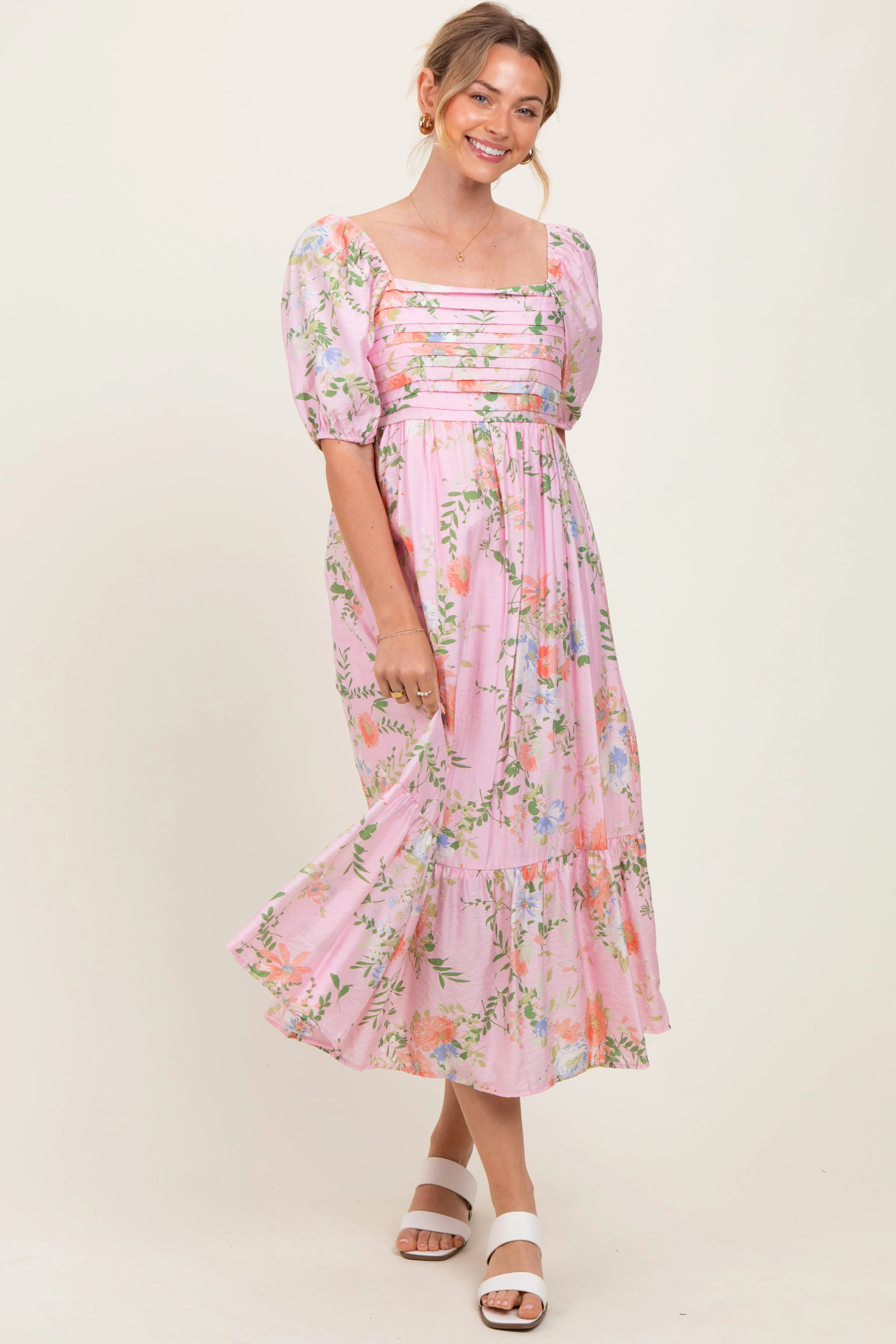 Pink Floral Pleated Bust Puff Sleeve Maternity Midi Dress sold by Pinkblush product image thumbnail 4