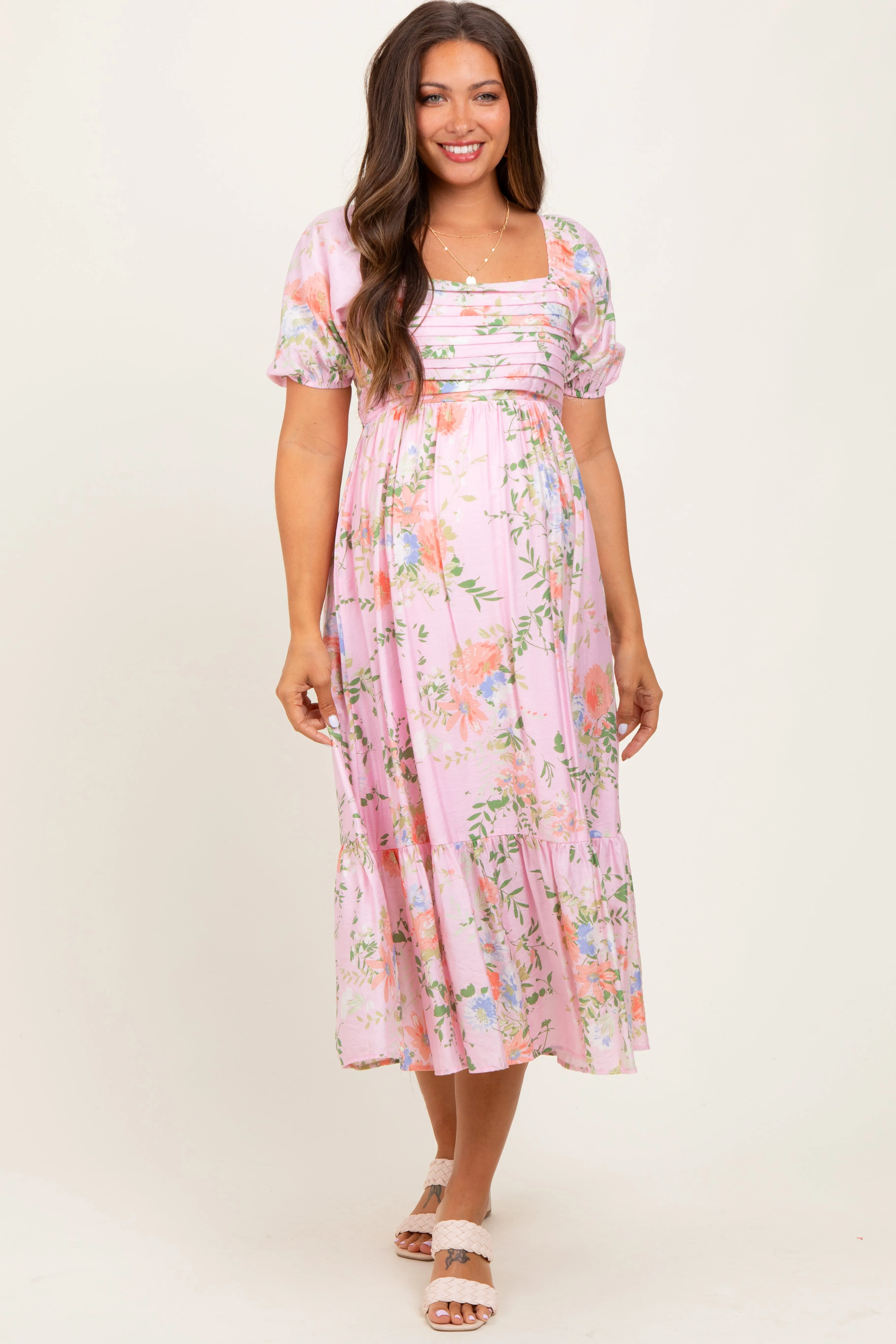 Pink Floral Pleated Bust Puff Sleeve Maternity Midi Dress sold by Pinkblush