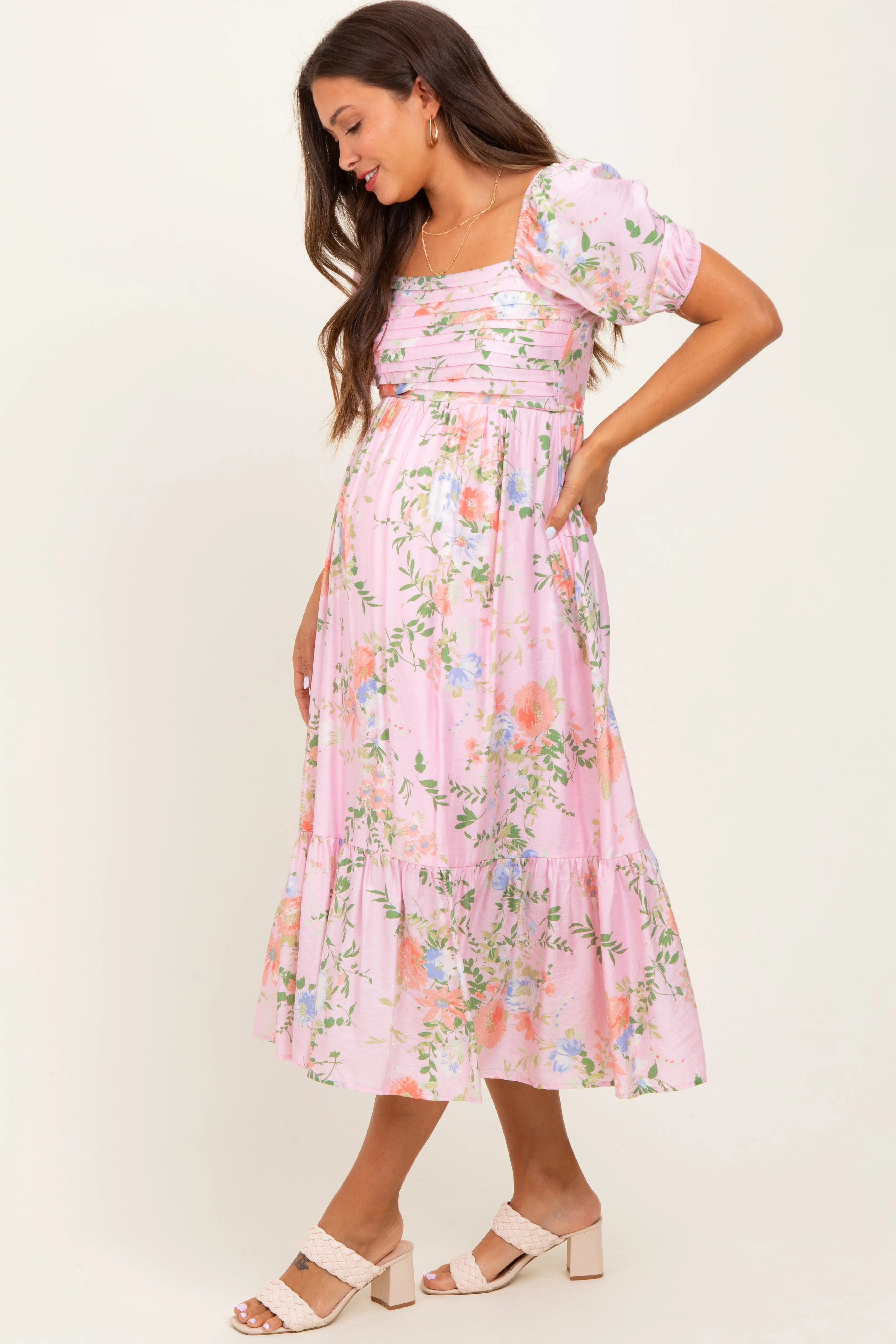 Pink Floral Pleated Bust Puff Sleeve Maternity Midi Dress sold by Pinkblush product image thumbnail 2
