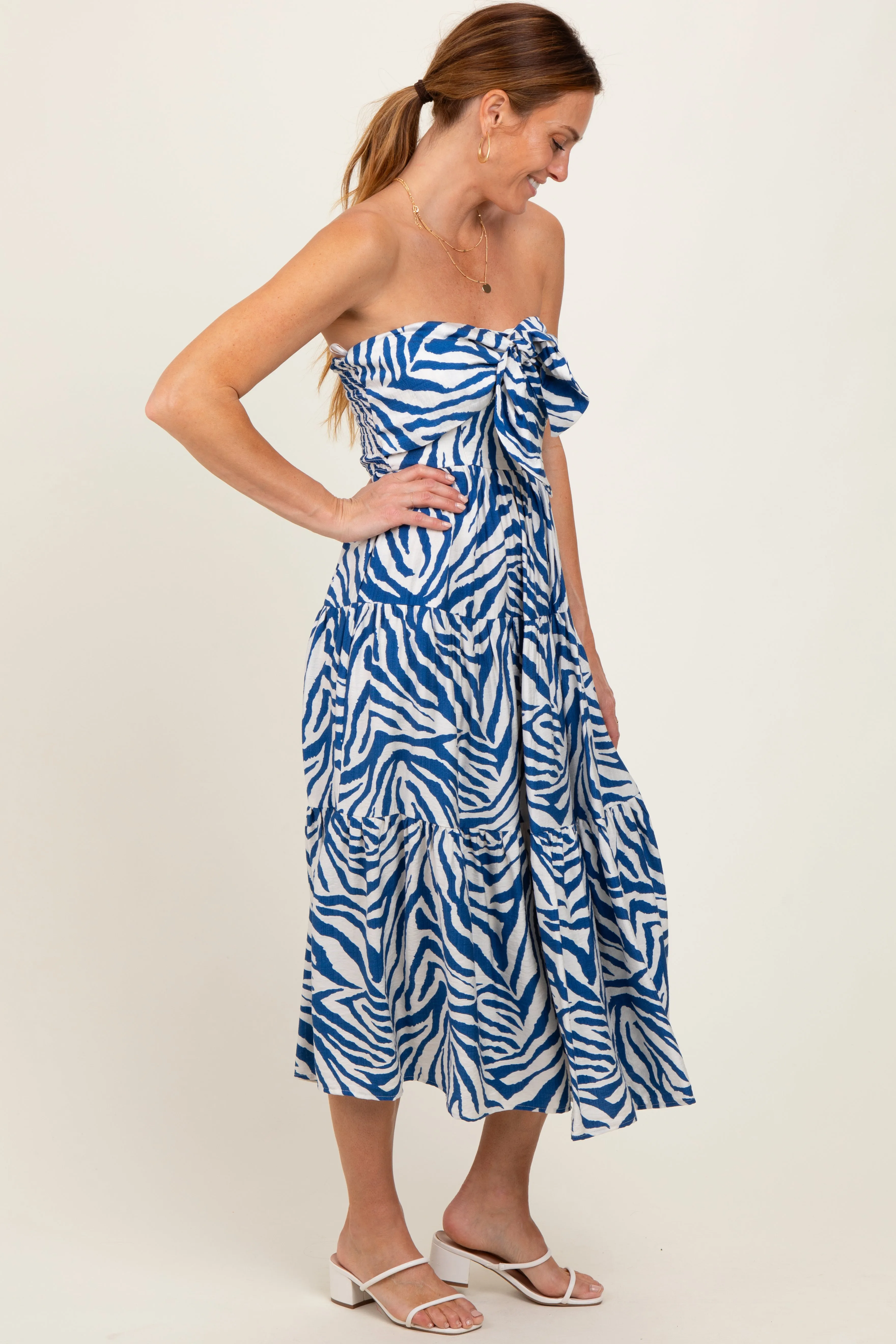 Royal Blue Animal Print Front Tie Strapless Midi Dress sold by Pinkblush product image thumbnail 3