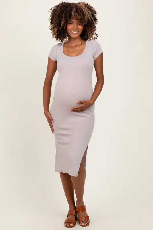 Taupe Scoop Neck Short Sleeve Mineral Wash Maternity Midi Dress sold by Pinkblush