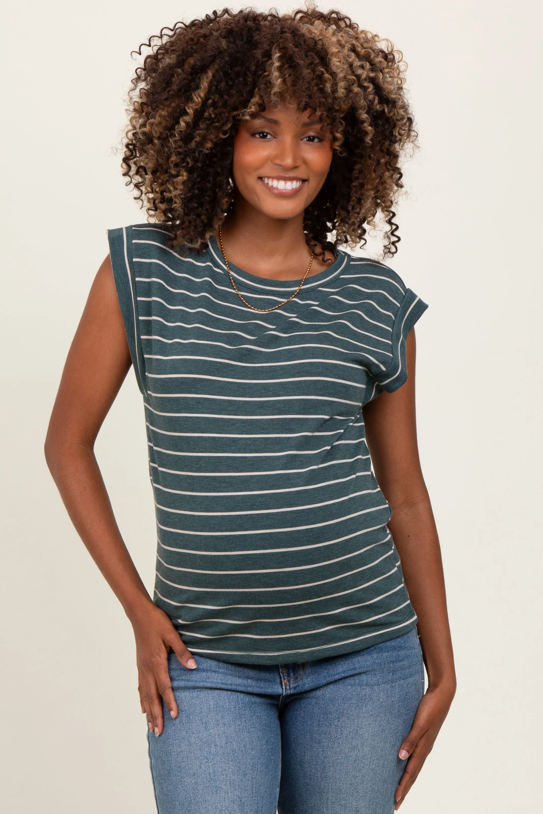 Olive Striped Terry Maternity Short Sleeve Top sold by Pinkblush