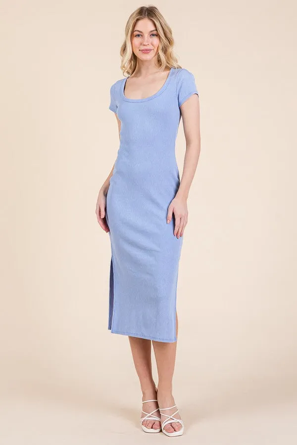 Light Blue Scoop Neck Short Sleeve Mineral Wash Maternity Midi Dress sold by Pinkblush product image thumbnail 4