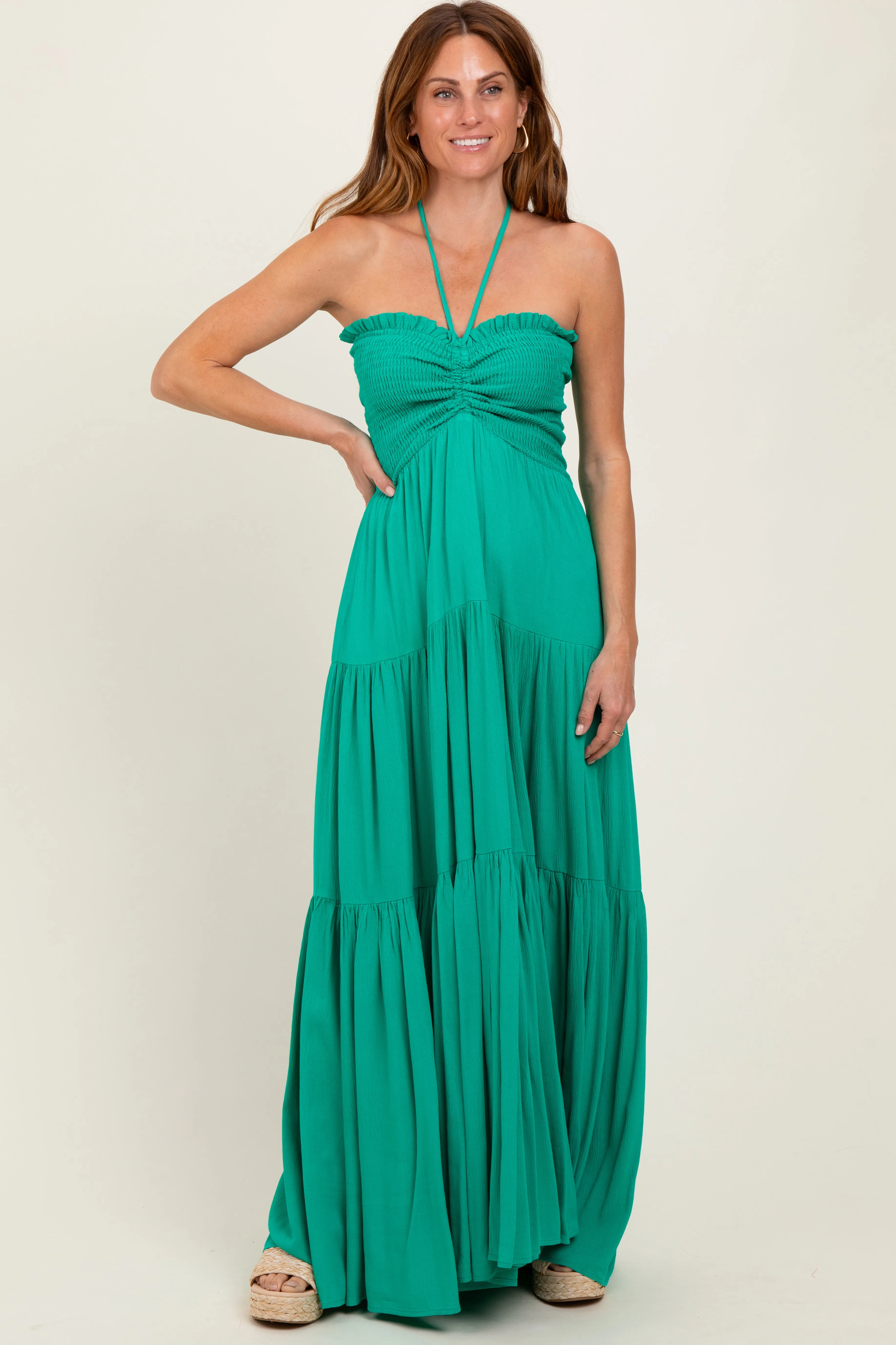 Green Smocked Halter Tiered Maxi Dress sold by Pinkblush product image thumbnail 2