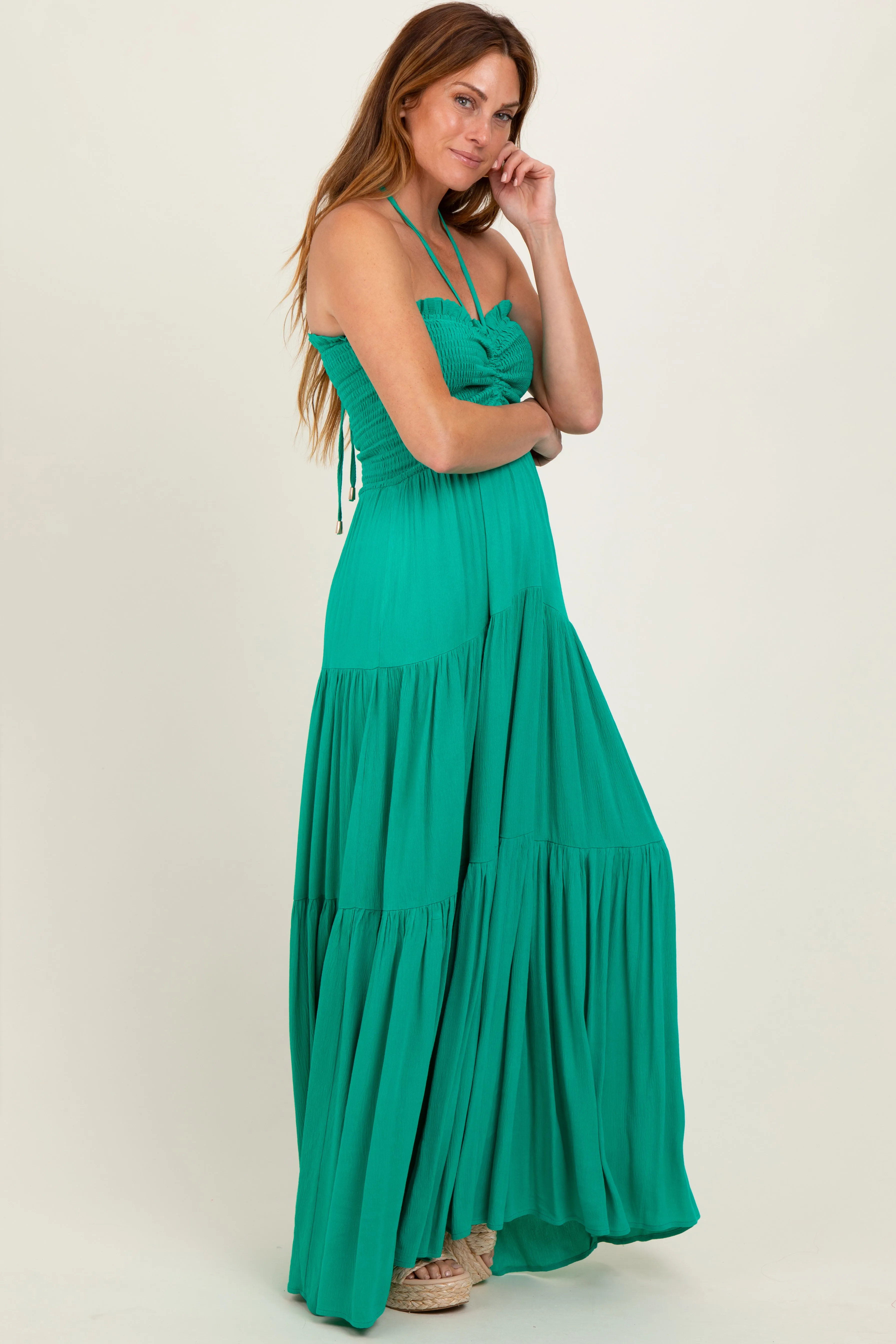 Green Smocked Halter Tiered Maxi Dress sold by Pinkblush product image thumbnail 3